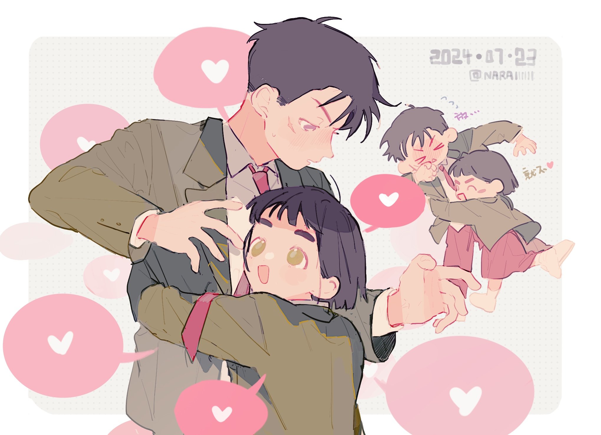 naraiaran, hwang mi-ae, kim cheol, after school lessons for unripe apples, resisting, commentary, highres, symbol-only commentary, > <, 1boy, 1girl, :d, ^ ^, ahoge, baekje middle school uniform, black hair, blazer, blush, bob cut, border, chibi, chibi inset, chinese text, choppy bangs, closed eyes, collared shirt, dated, dotted background, eye contact, facial scar, floating clothes, flying sweatdrops, forced hug, from side, full-face blush, full body, furrowed brow, green eyes, green jacket, grey background, hair behind ear, hands up, heart, height difference, hetero, hug, jacket, long sleeves, looking at another, looking up, medium skirt, multiple views, necktie, nervous, nose blush, open clothes, open jacket, open mouth, outside border, pants, parted lips, purple eyes, red necktie, red pants, red skirt, scar, scar on cheek, scar on face, school uniform, shirt, shoes, short bangs, short hair, shy, sideburns, skirt, smile, spoken heart, sweatdrop, thick eyebrows, triangle mouth, twitter username, upper body, v-shaped eyebrows, very short hair, white border, white shirt, white shoes