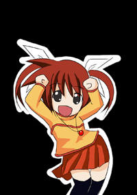 raising heart, takamachi nanoha, lyrical nanoha, mahou shoujo lyrical nanoha, animated, animated gif, lowres, > <, 00s, 1girl, ass shake, caramelldansen, closed eyes, dancing, female focus, one eye closed, orange shirt, shirt, solo, thighhighs, wink