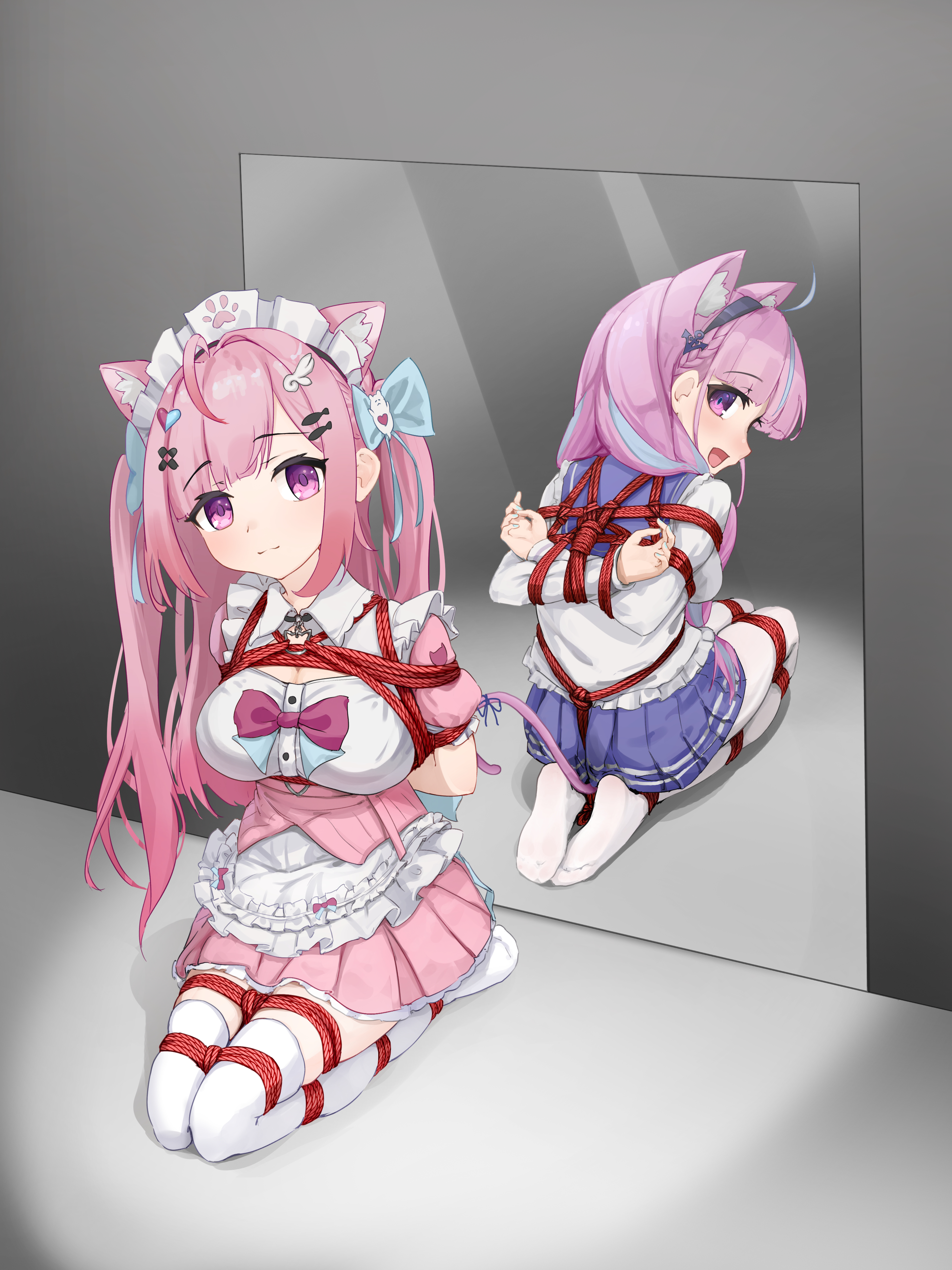 tasogare unagi, minato aqua, yuuki sakuna, hololive, indie virtual youtuber, absurdres, highres, 2girls, ahoge, aqua bow, arms behind back, bandaid, bandaid hair ornament, bdsm, belt, blue hair, bondage, bound, bound ankles, bound arms, bound legs, bow, breast bondage, breasts, cat girl, cleavage, crossed bandaids, dress, fish hair ornament, fish hairpin, ghost hair ornament, hair ornament, heart, heart hair ornament, long hair, looking at viewer, multicolored hair, multiple girls, open mouth, pink belt, pink dress, pink hair, red rope, restrained, rope, shibari, shibari over clothes, smile, streaked hair, tied up (nonsexual), virtual youtuber, wing hair ornament