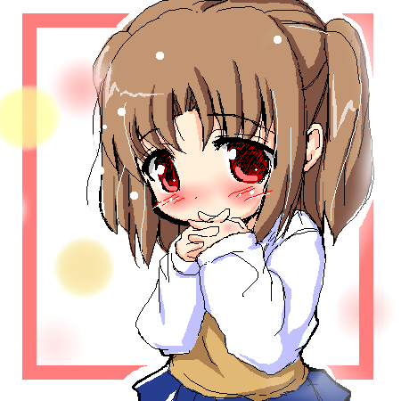 yumizuka satsuki, tsukihime, lowres, 00s, blush, brown hair, chibi, oekaki, red eyes, school uniform, serafuku, solo, twintails, two side up