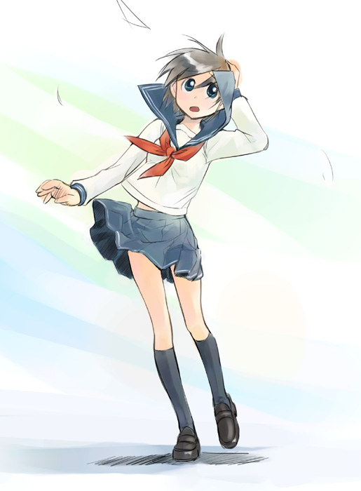 ikeda jun (mizutamari), original, 1girl, black socks, blue eyes, brown hair, female focus, hand on own head, leaf, open mouth, school uniform, serafuku, short hair, socks, solo, wind