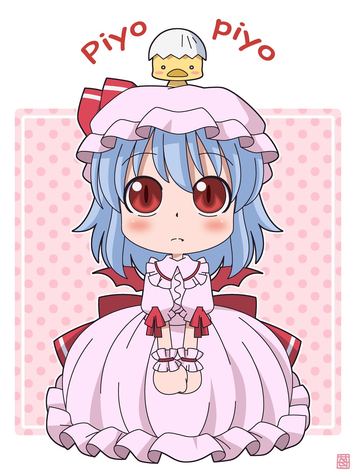 remilia scarlet, touhou, highres, 1girl, artist logo, baby animal, bird, chibi, chick, eggshell, fang, fang out, female focus, full body, hat, logo, mob cap, outside border, pink background, pink hat, red eyes, solo