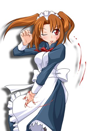yumizuka satsuki, tsukihime, lowres, 00s, 1girl, bad anatomy, blood, brown hair, female focus, maid, poorly drawn, red eyes, solo, tongue, twintails, two side up