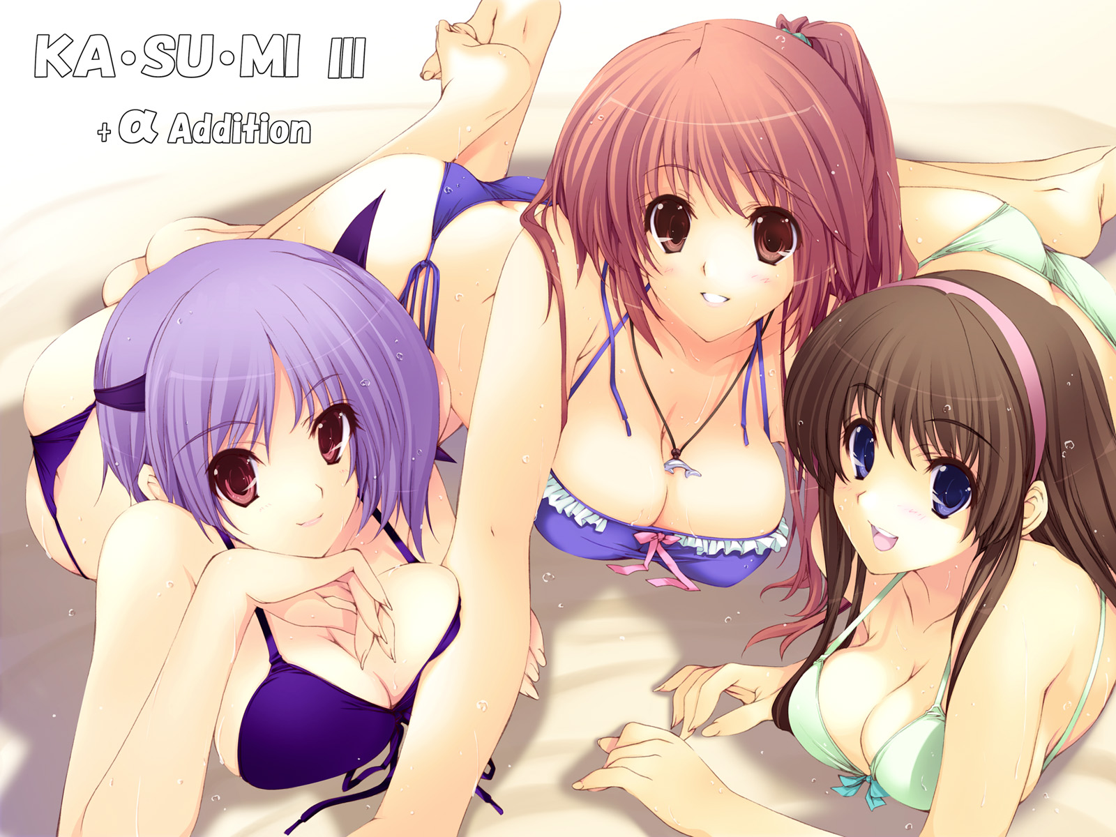 iizuki tasuku, ayane (doa), hitomi (doa), kasumi (doa), dead or alive, tecmo, highres, 3girls, arm support, barefoot, bikini, blue eyes, breast press, breasts, brown eyes, brown hair, cleavage, frilled bikini, frills, hairband, headband, large breasts, long hair, looking at viewer, lying, multiple girls, ponytail, purple hair, red eyes, short hair, side-tie bikini bottom, swimsuit