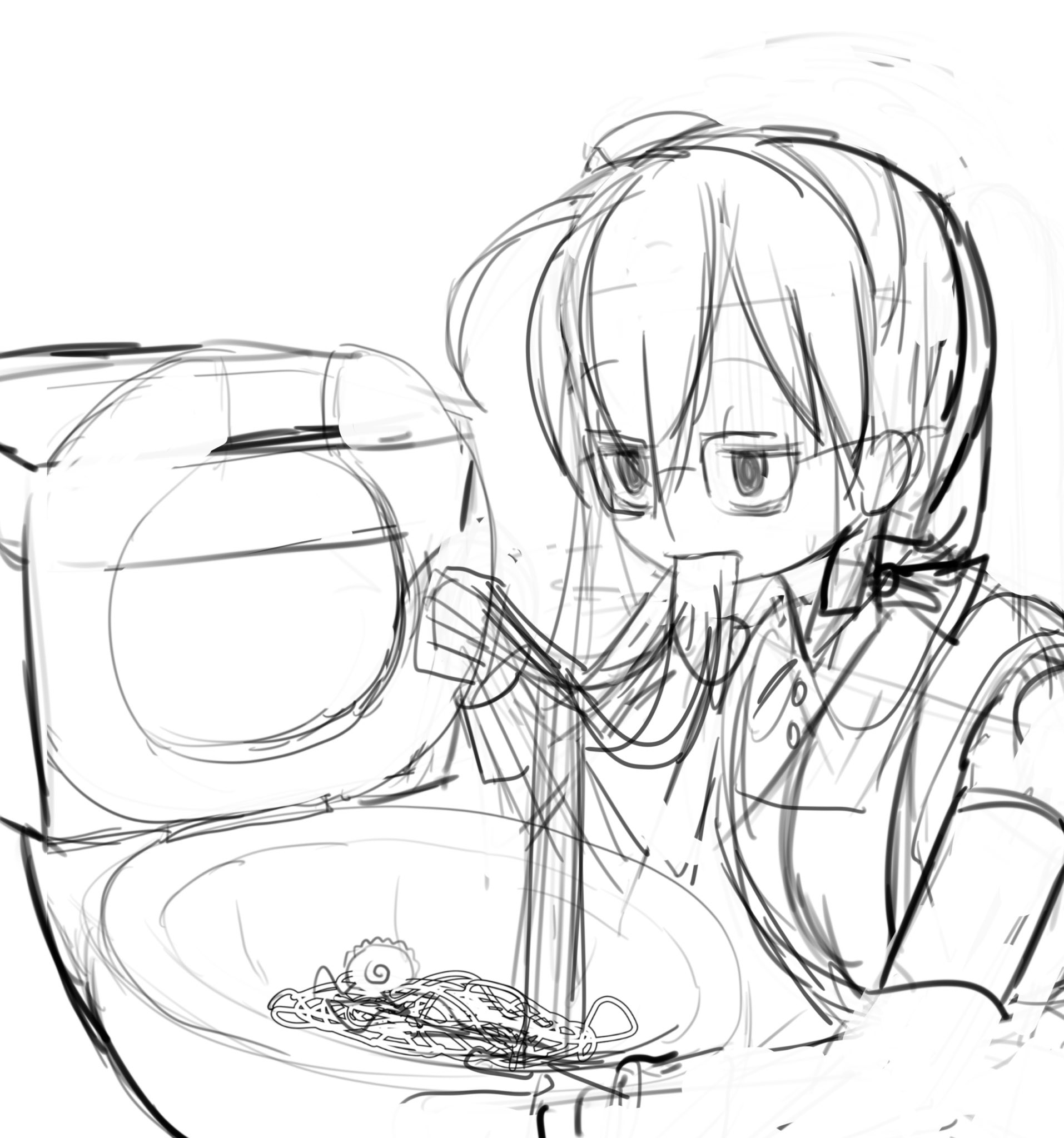 madmex, original, 1girl, apron, blank eyes, bow, buttons, eating, food, glasses, greyscale, hair bow, holding, long hair, monochrome, noodles, pasta, rough sketch, sketch, solo, spaghetti, toilet, very long hair