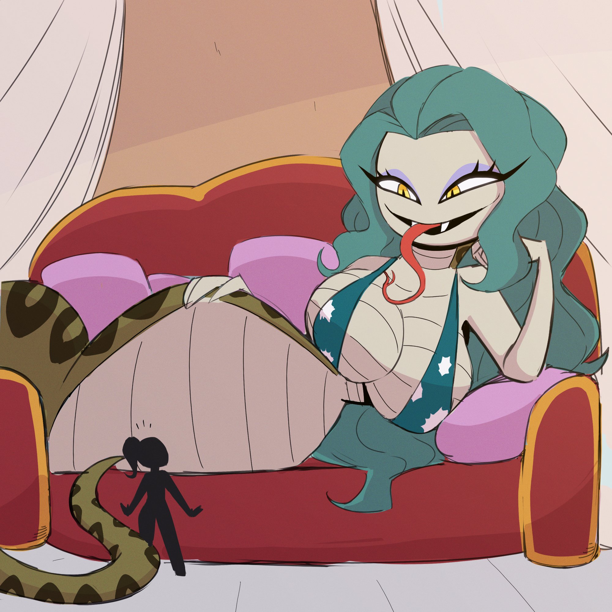 nelljoestar, boa sandersonia, one piece, 2girls, breasts, colored skin, couch, fangs, giant, giantess, green hair, grey skin, huge breasts, lamia, looking down, makeup, monster girl, multiple girls, on couch, open mouth, pillow, smile, tail, tongue, tongue out, yellow eyes