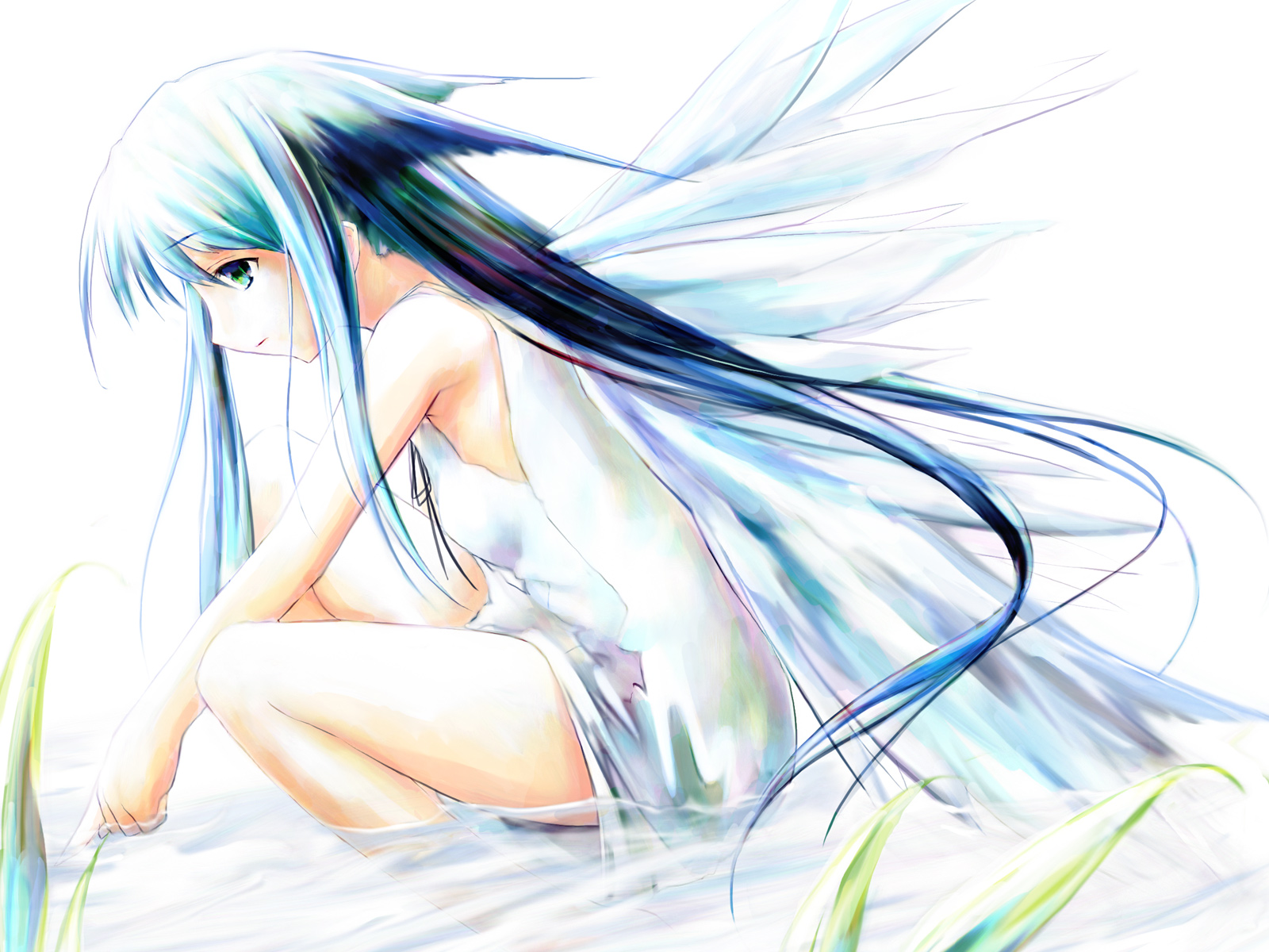 spiral (senra garou), saya (saya no uta), saya no uta, highres, 1girl, aqua eyes, dress, female focus, from side, grass, green eyes, long hair, simple background, sleeveless, solo, very long hair, wading, water, white background, white dress, wings