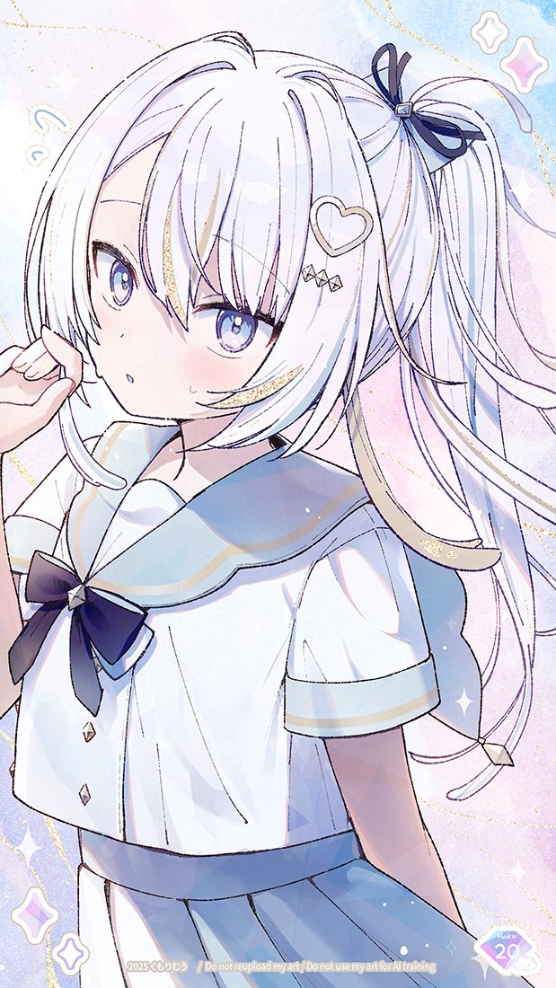 kumorimuu, original, 1girl, arm behind back, blonde hair, blue eyes, blue sailor collar, blue skirt, blush, bow, hair ornament, hair ribbon, hand up, heart, heart hair ornament, long hair, looking at viewer, multicolored hair, parted lips, pleated skirt, ponytail, ribbon, sailor collar, school uniform, serafuku, shirt, short sleeves, skirt, solo, streaked hair, white hair, white serafuku, white shirt