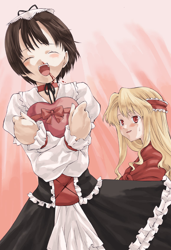 takano natsuki, january (coyote ragtime show), sep, september (coyote ragtime show), coyote ragtime show, 00s, 2girls, :d, black dress, blonde hair, blood, box, cowboy shot, cross-laced clothes, crossed arms, dress, frills, heart-shaped box, january, long hair, multiple girls, nosebleed, open mouth, red dress, red eyes, sept, smile, solo focus