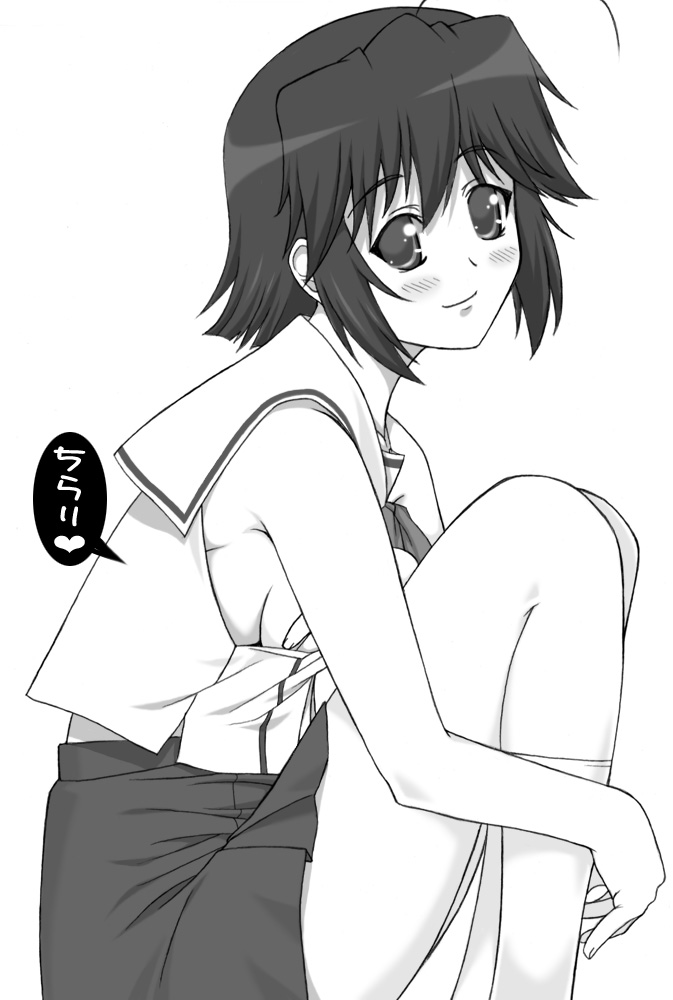 shichimenchou, mizukoshi mako, da capo, da capo i, 00s, 1girl, ahoge, bare shoulders, blush, breasts, female focus, from side, greyscale, kneehighs, knees up, looking at viewer, looking to the side, monochrome, shirt, short hair, sideboob, sidelocks, simple background, skirt, sleeveless, sleeveless shirt, small breasts, socks, solo, white background