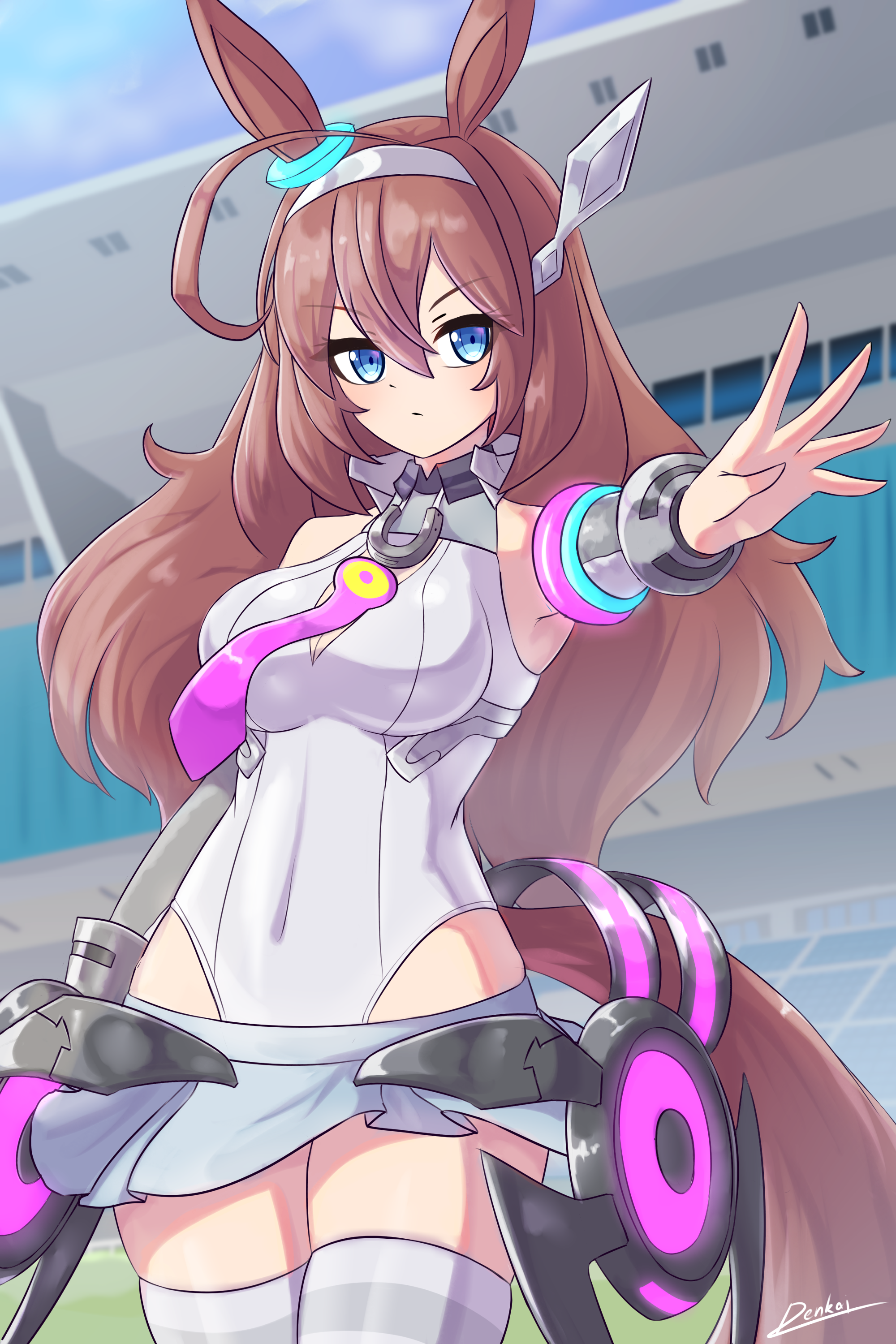 denkouseka akaiken, mihono bourbon (umamusume), umamusume, absurdres, highres, >:), 1girl, ahoge, animal ears, bare shoulders, blue eyes, breasts, brown hair, closed mouth, covered navel, cowboy shot, detached sleeves, grey skirt, grey sleeves, hairband, horse ears, horse girl, horse racing track, horse tail, leotard, long hair, looking at viewer, lowleg, lowleg skirt, medium breasts, metal hairband, microskirt, necktie, outdoors, pink necktie, racetrack, skirt, sleeveless, solo, strapless, strapless leotard, tail, thighhighs, v-shaped eyebrows, white leotard, white thighhighs