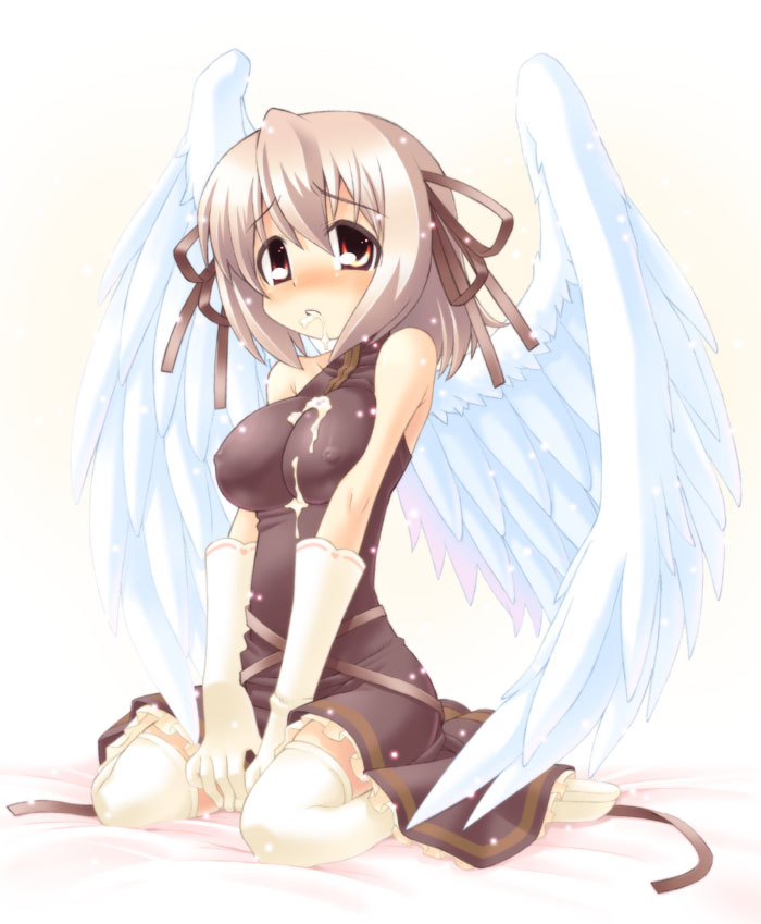 minami juujisei, original, light brown hair, 1girl, angel wings, bare shoulders, blush, breasts, covered erect nipples, feathered wings, female focus, gloves, hair ribbon, medium breasts, red eyes, ribbon, simple background, sitting, solo, suggestive fluid, thighhighs, v arms, wariza, white background, white gloves, white thighhighs, white wings, wings