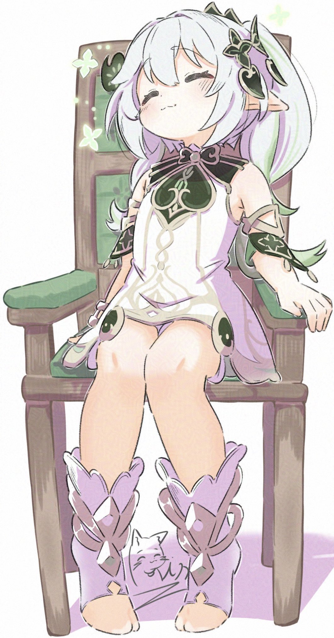 inaririn, nahida (genshin impact), genshin impact, adversarial noise, commentary, highres, 1girl, bare shoulders, chair, closed eyes, closed mouth, detached sleeves, dress, gold trim, green hair, green sleeves, hair between eyes, hair ornament, leaf hair ornament, long hair, multicolored hair, on chair, pointy ears, side ponytail, sitting, sleeveless, sleeveless dress, solo, stirrup legwear, toeless legwear, white dress, white hair