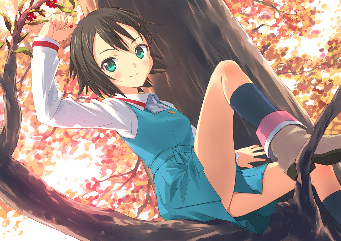 uni (plastic girl), isurugi noe, true tears, 00s, 1girl, aqua eyes, blue eyes, blush, boots, brown hair, female focus, green eyes, hair ornament, in tree, school uniform, serafuku, short hair, sitting, sitting in tree, smile, solo, tree