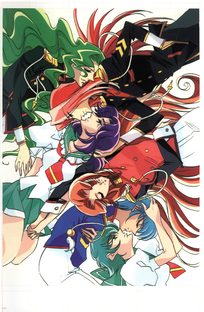 arisugawa juri, kaoru kozue, kaoru miki, kiryuu touga, saionji kyouichi, takatsuki shiori, shoujo kakumei utena, shoujo kakumei utena adolescence mokushiroku, scan, 1990s (style), 3boys, 3girls, aiguillette, bishounen, blue hair, blue sailor collar, closed eyes, curly hair, flipped hair, green hair, imminent kiss, long hair, multiple boys, multiple girls, orange hair, purple hair, red hair, retro artstyle, sailor collar, school uniform, serafuku, short hair, very long hair