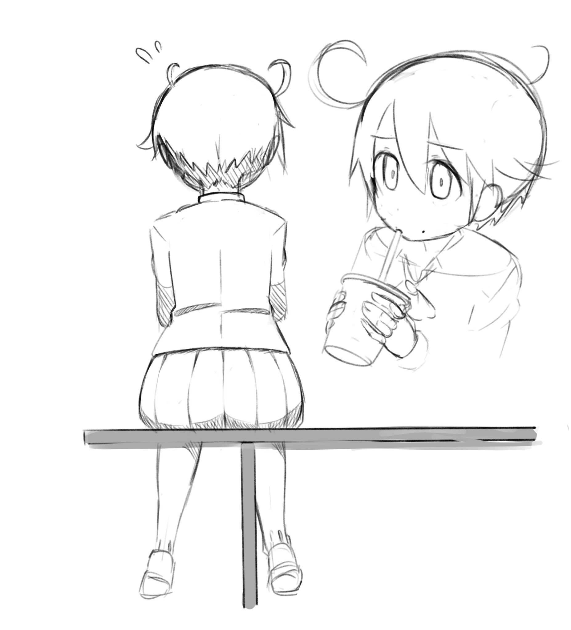madmex, original, 1girl, ass, bench, cup, disposable cup, drink, flying sweatdrops, from above, from behind, greyscale, holding, holding cup, holding drink, looking at viewer, messy hair, mole, mole under mouth, monochrome, multiple views, sailor collar, school uniform, shoes, short hair, sitting, sketch