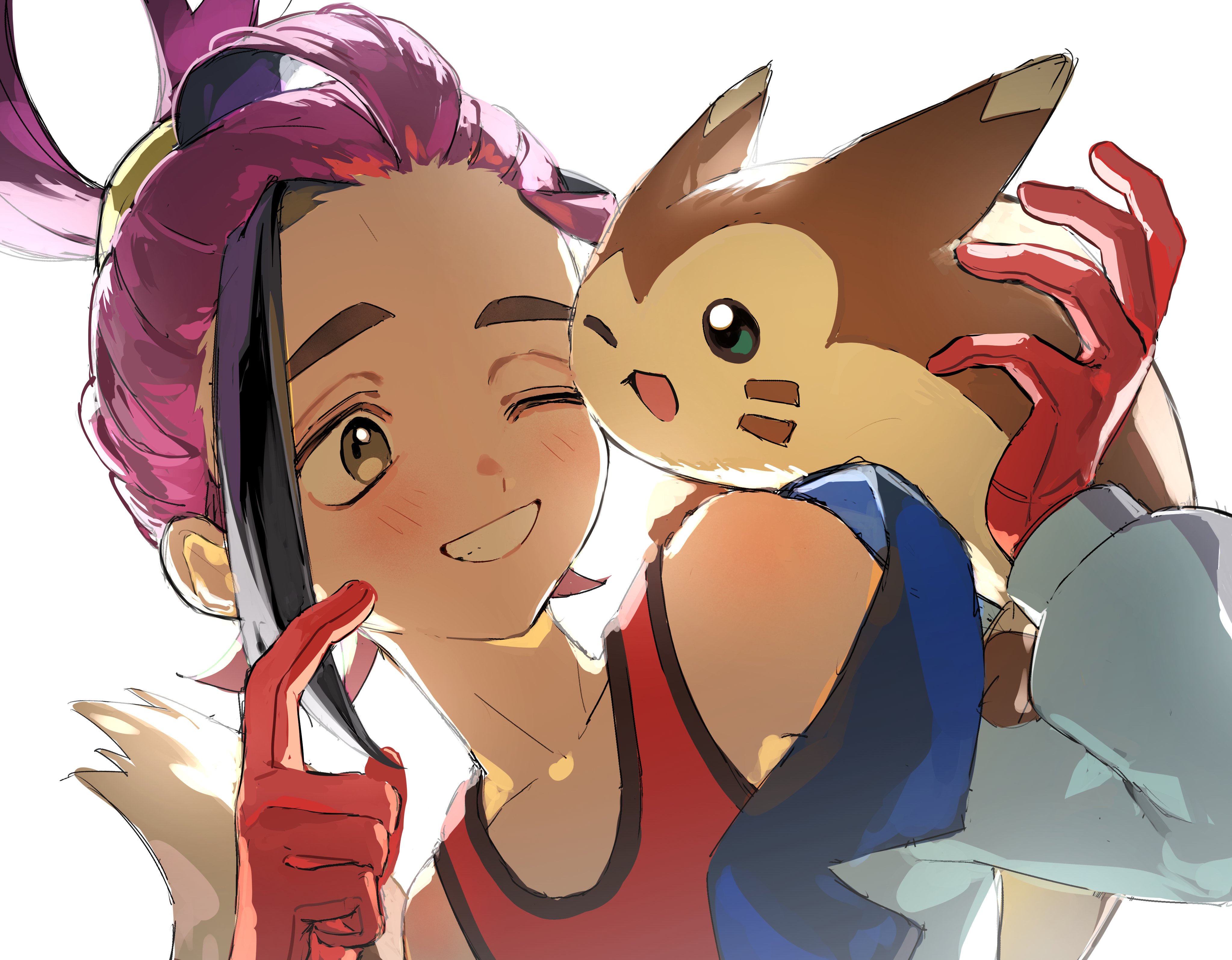 333takoyaki, furret, kieran (pokemon), nintendo, pokemon, pokemon sv, absurdres, commentary request, highres, 1boy, black hair, blush, brown eyes, gen 2 pokemon, gloves, grin, jacket, long sleeves, male focus, multicolored hair, off shoulder, one eye closed, open clothes, open jacket, open mouth, pokemon (creature), purple hair, red gloves, red tank top, simple background, smile, tank top, thick eyebrows, upper body, white background