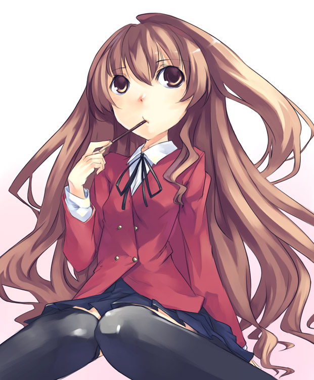 mikage sekizai, aisaka taiga, toradora!, 00s, 1girl, female focus, gradient background, school uniform, serafuku, solo, thighhighs