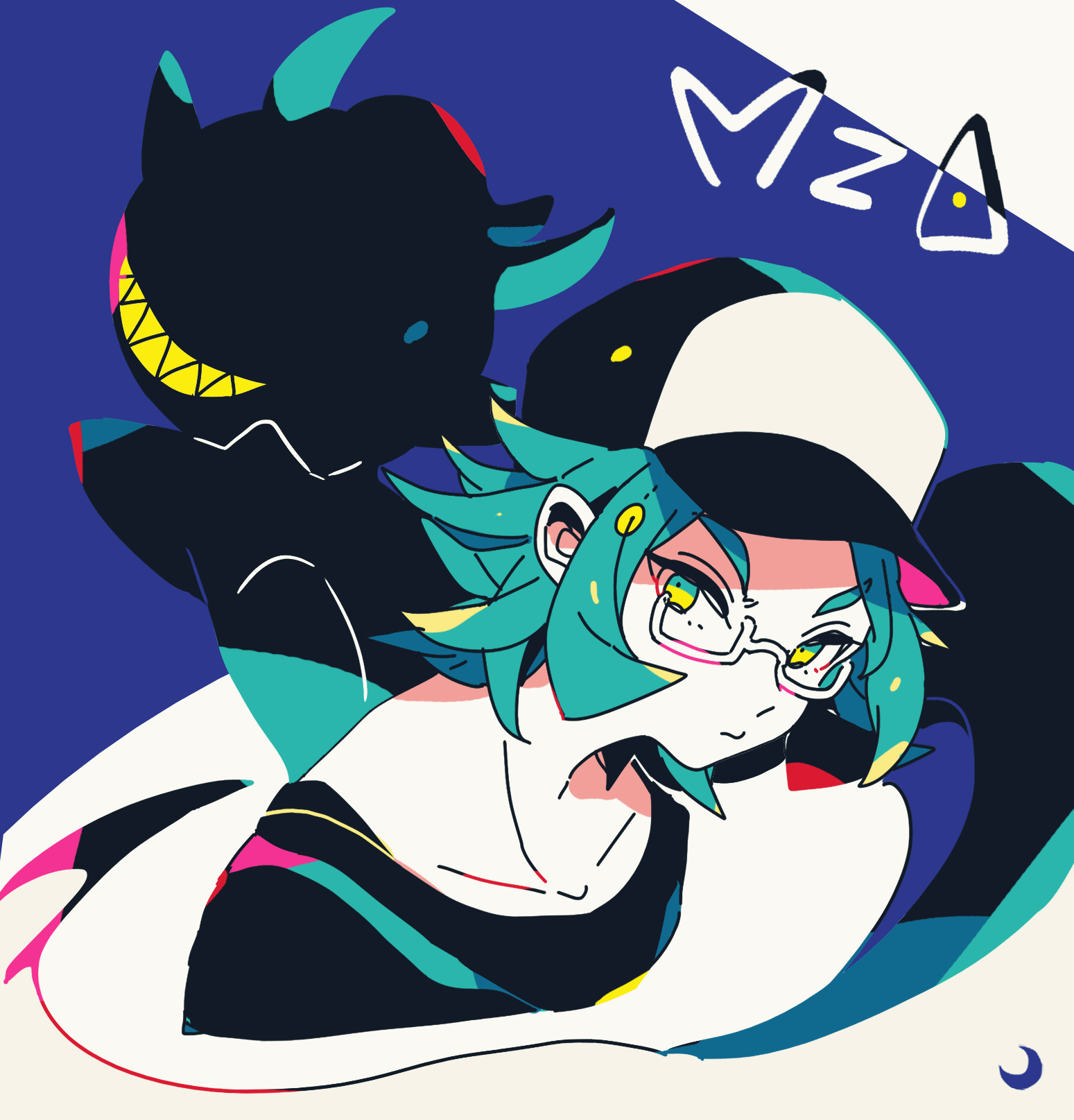 mizuki tsukimori, hatena (pop'n music), mzd, bemani, pop'n music, commentary request, highres, 1boy, baseball cap, character name, closed mouth, collarbone, expressionless, glasses, hat, horns, limited palette, male focus, rectangular eyewear, sharp teeth, shirt, short hair, teeth