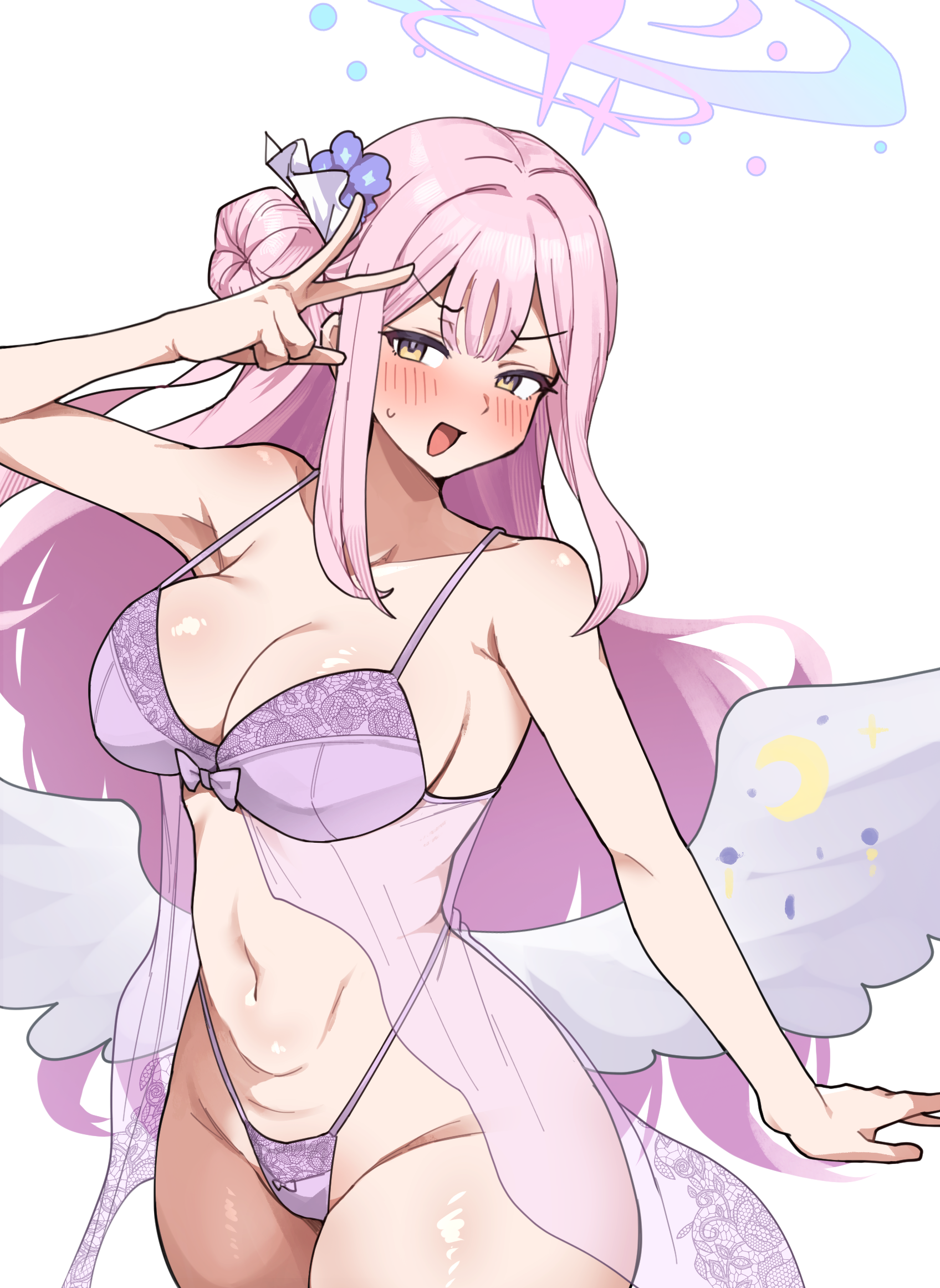 toriyarou, mika (blue archive), blue archive, commission, highres, skeb commission, 1girl, @ @, bare shoulders, blush, bra, breasts, cleavage, collarbone, hair ornament, hair rings, heart, large breasts, lingerie, long hair, looking at viewer, navel, nose blush, one side up, open mouth, panties, pink hair, prostitution, purple panties, see-through clothes, sidelocks, smile, solo, sweat, underwear, v, very long hair, wings, yellow eyes