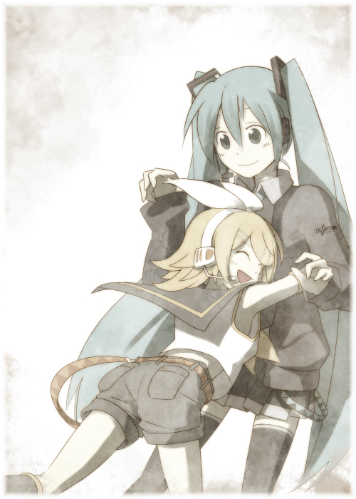 tsukuba masahiro, hatsune miku, kagamine rin, vocaloid, bad id, bad pixiv id, 2girls, aqua hair, closed eyes, hug, long hair, multiple girls, smile, thighhighs, very long hair