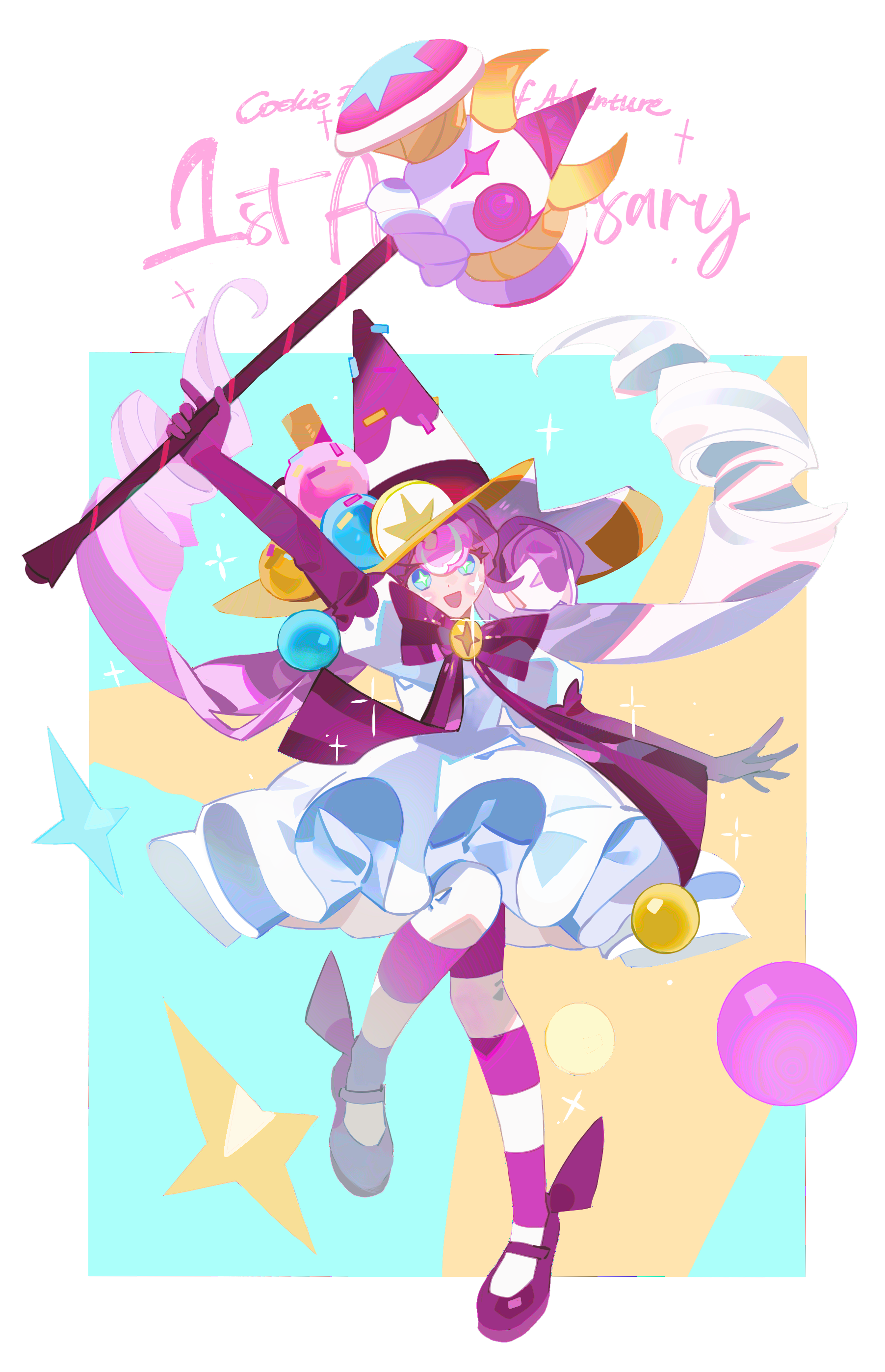 shime52631, cookie run, cookie run: tower of adventures, absurdres, highres, 1girl, :d, anniversary, blue eyes, blush stickers, bow, colored skin, copyright name, cross, cross-shaped pupils, cross facial mark, double bun, dress, drill hair, elbow gloves, facial mark, frilled dress, frills, full body, gloves, hair bun, hammer, hat, holding, holding hammer, holding weapon, humanization, long hair, looking at viewer, mary janes, multicolored hair, open mouth, pantyhose, pink bow, pink gloves, pink hair, pink pantyhose, pink shoes, pink skin, puffy short sleeves, puffy sleeves, shoes, short sleeves, smile, solo, sparkle, striped clothes, striped pantyhose, sundae cookie, symbol-shaped pupils, twin drills, twintails, weapon, white dress, white hair, white pantyhose, witch hat