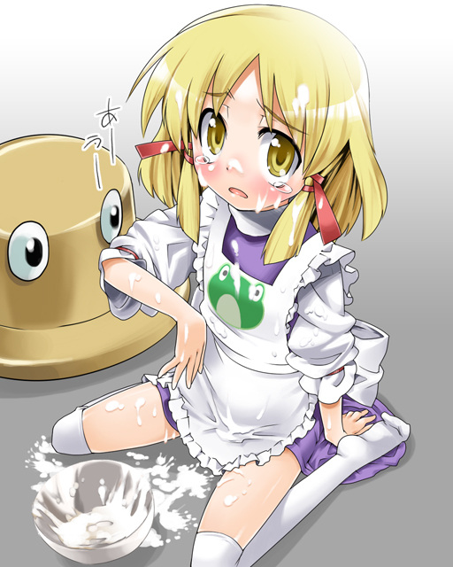 gengorou, moriya suwako, touhou, bad id, bad pixiv id, 1girl, apron, female focus, gradient background, hat, solo, suggestive fluid, thighhighs, white background, white thighhighs