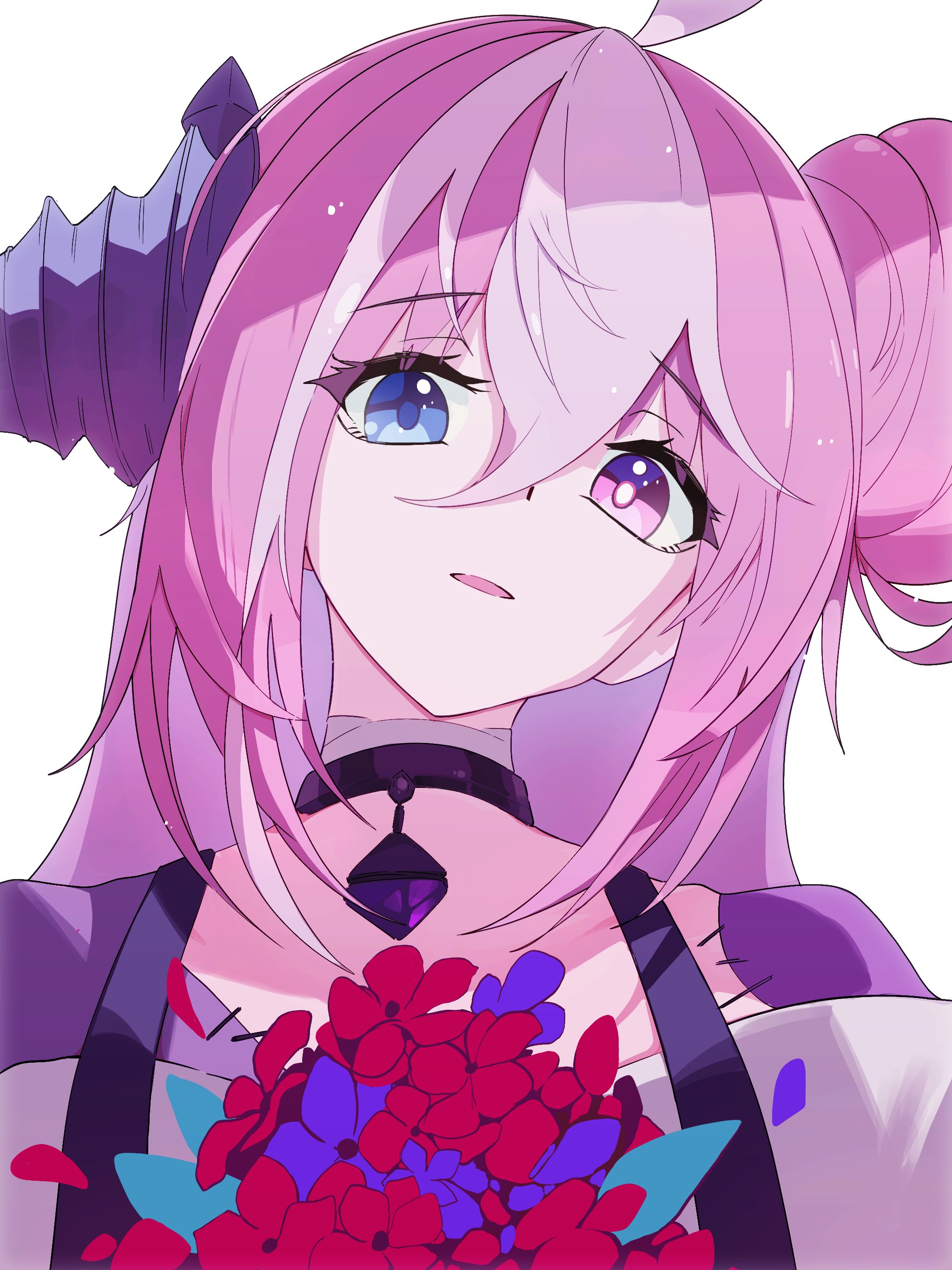 fujiwara echi, anisage (shadowverse), shadowverse, absurdres, highres, bandaged neck, bandages, bare shoulders, bouquet, choker, flower, heterochromia, holding, holding bouquet, long hair, looking at viewer, medium hair, patch, pink hair, screwdriver, strap, upper body