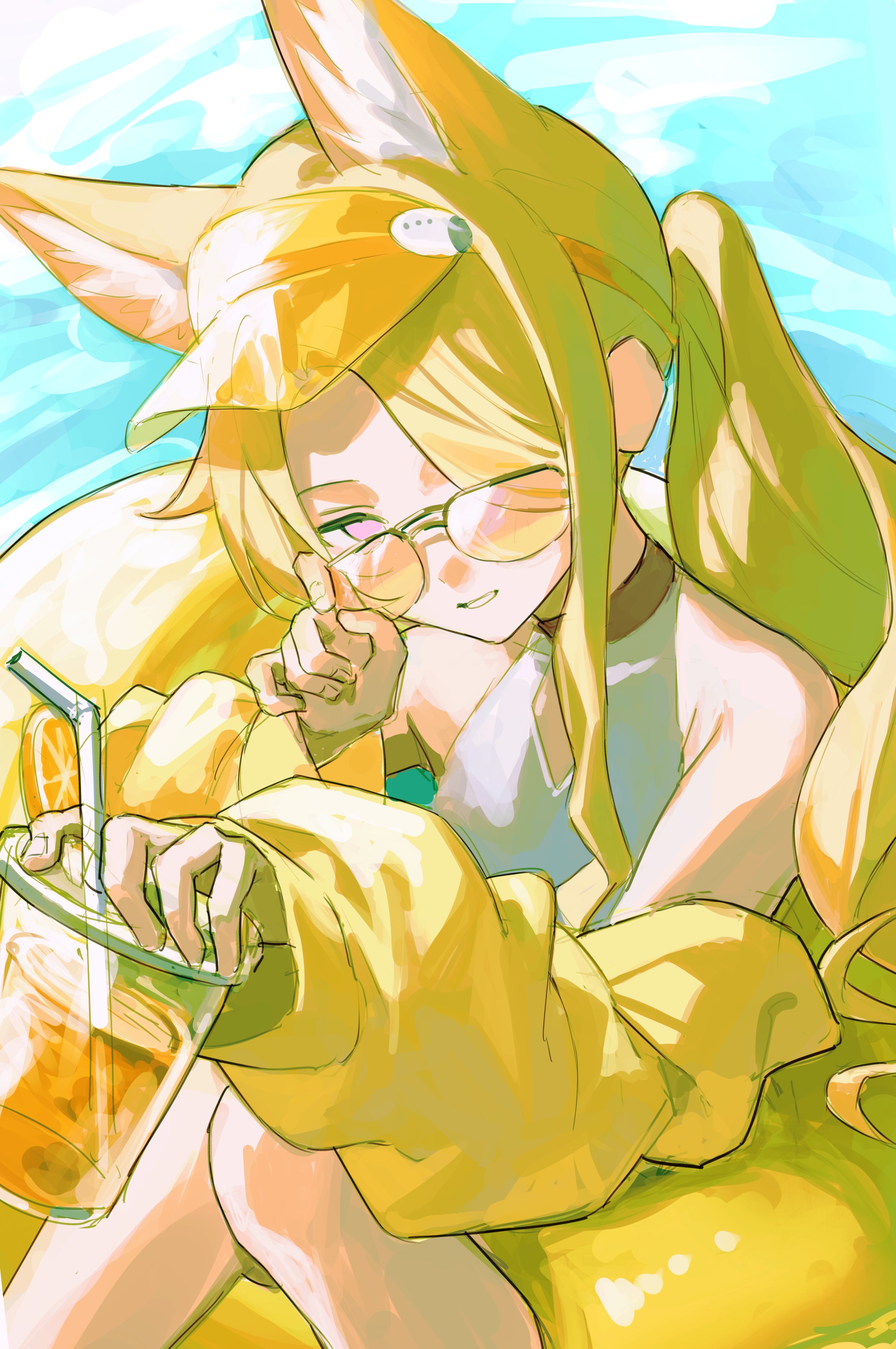 333takoyaki, seia (blue archive), seia (swimsuit) (blue archive), blue archive, absurdres, highres, 1girl, animal ear fluff, animal ears, blonde hair, cup, disposable cup, drinking straw, fox ears, fox girl, hair over one eye, hat, holding, holding cup, innertube, long hair, long sleeves, looking at viewer, no halo, on innertube, one-piece swimsuit, orange hat, ponytail, solo, sunglasses, swim ring, swimsuit, visor cap, water, white one-piece swimsuit