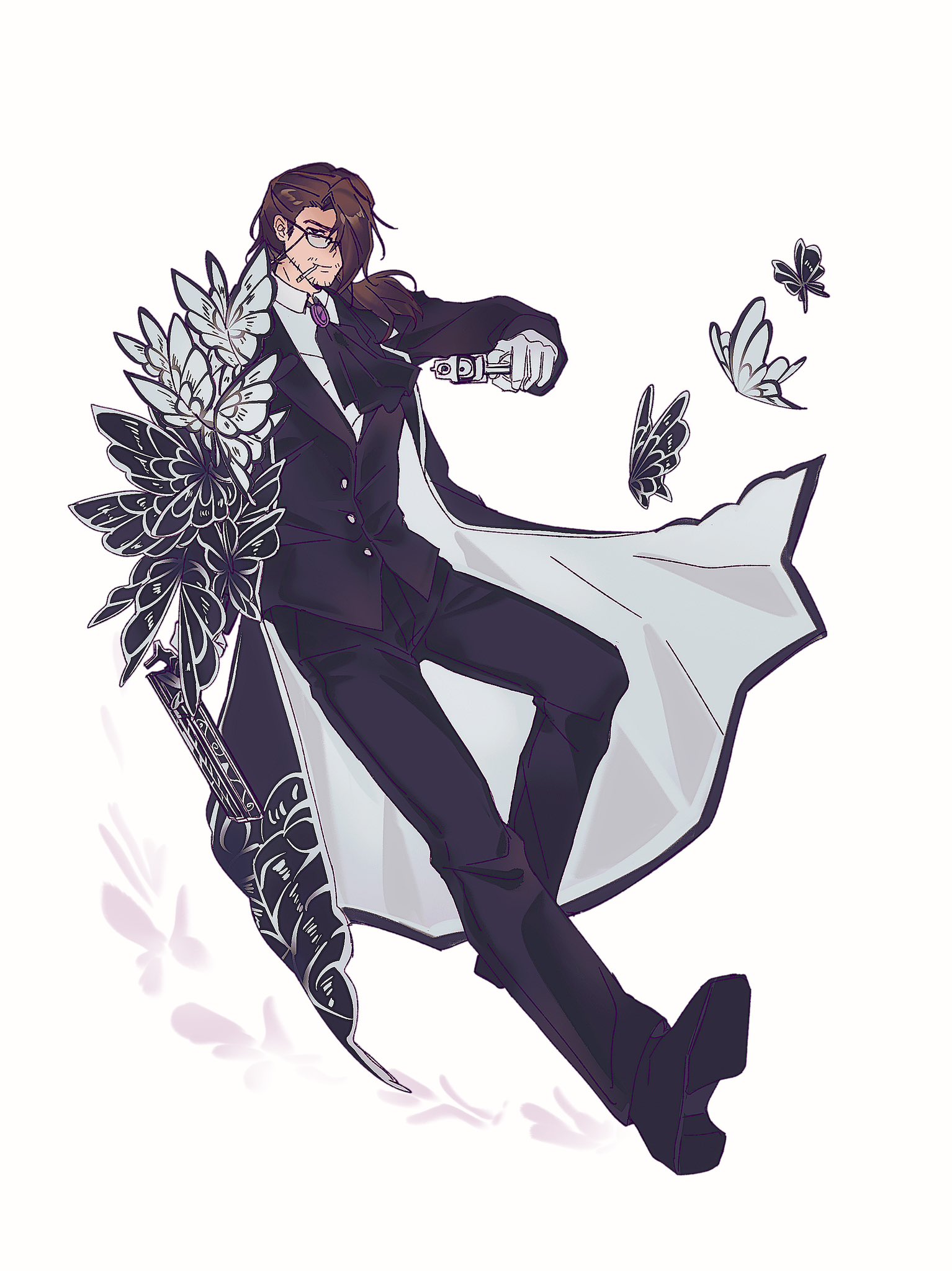 gregor (project moon), limbus company, project moon, highres, 1boy, ascot, black ascot, black butterfly, black coat, black pants, black shoes, black vest, brown eyes, brown hair, bug, butterfly, cigarette, coat, collared shirt, e.g.o (project moon), facial hair, full body, glasses, gloves, gun, holding, holding gun, holding weapon, insect, long hair, looking at viewer, low ponytail, male focus, pants, ponytail, purple brooch, shirt, shoes, simple background, smoking, solemn lament (e.g.o), solo, standing, too many, too many butterflies, vest, weapon, white background, white butterfly, white gloves, white shirt, yellowm26912712