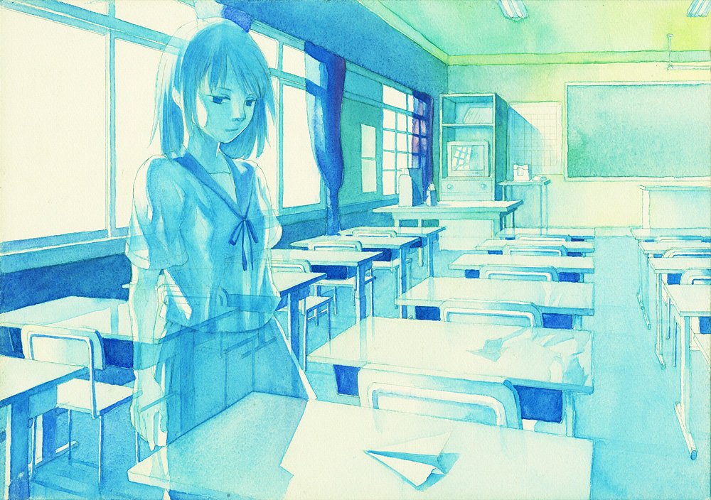 matabi, original, bad id, bad pixiv id, painting (medium), traditional media, watercolor (medium), blue theme, classroom, desk, ghost, indoors, paper airplane, school, school desk, school uniform, serafuku, solo, window
