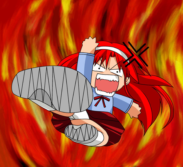 tohno akiha, melty blood, tsukihime, 00s, 1girl, angry, female focus, fire, full body, kicking, panties, red hair, solo, underwear