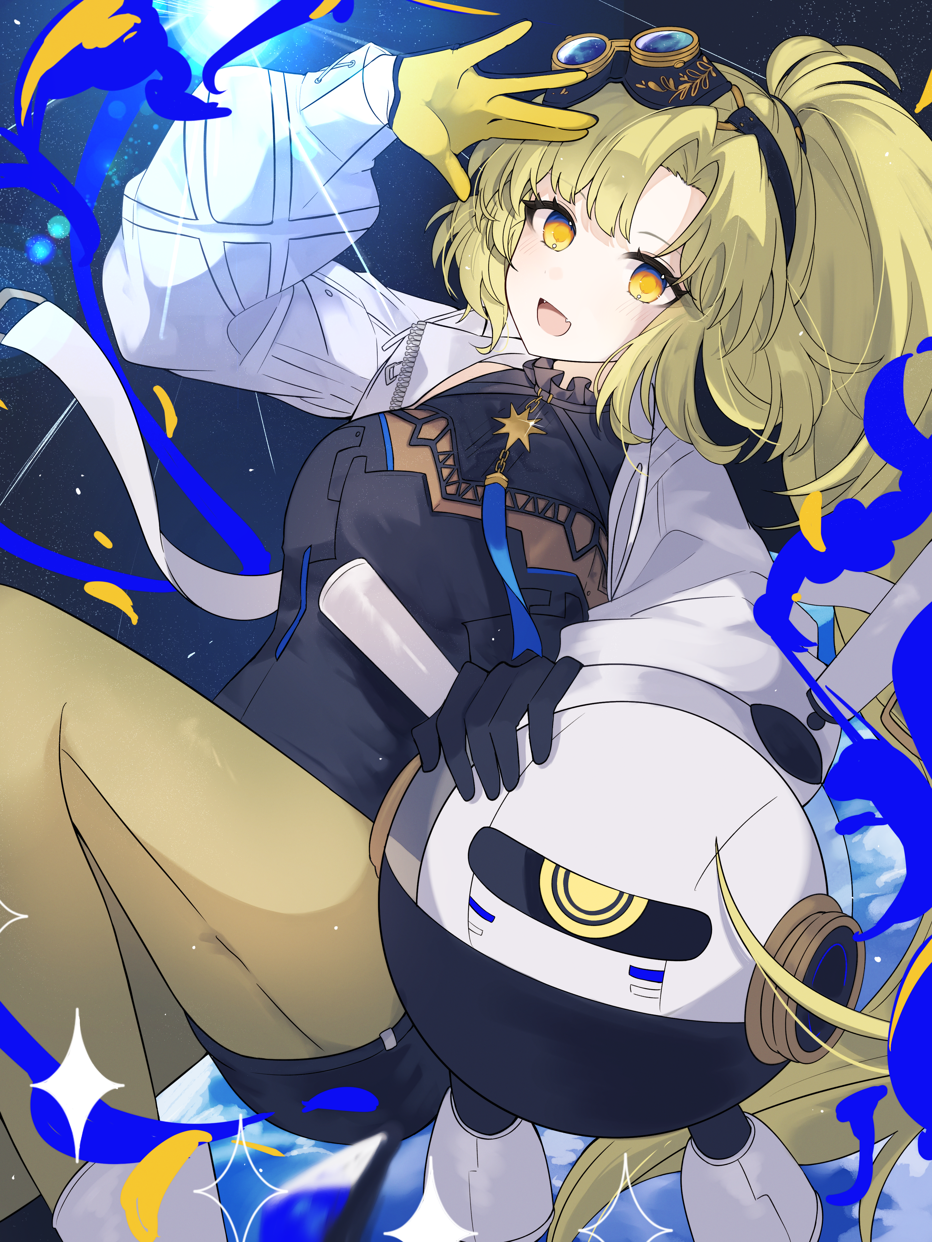 mai (ayamai2017), arcaea, absurdres, highres, 1girl, black bodysuit, black gloves, blonde hair, bodystocking, bodysuit, boots, breasts, curtained hair, gloves, goggles, green hair, high ponytail, jacket, knee boots, medium breasts, medium hair, nonoka (arcaea), ponytail, robot, see-through clothes, solo, thigh strap, thighhighs, two-tone gloves, white boots, white jacket, white sleeves, yellow eyes, yellow gloves, yellow thighhighs