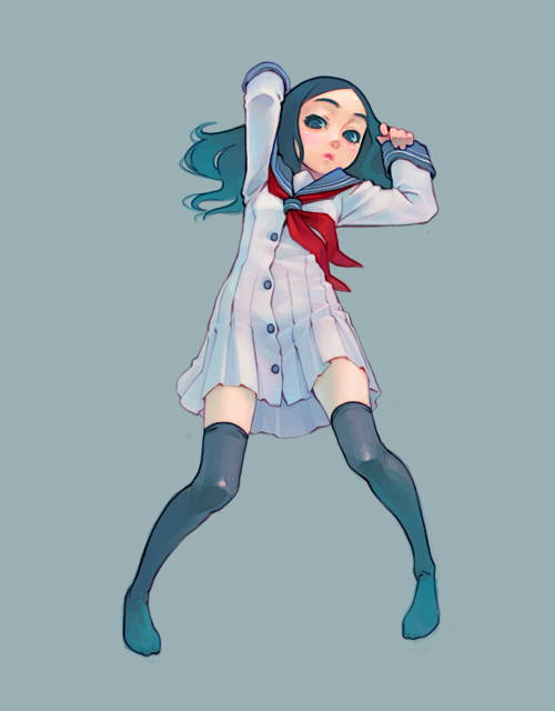 weno, original, 1girl, black hair, dress, female focus, grey eyes, sailor dress, school uniform, serafuku, simple background, solo, thighhighs, zettai ryouiki