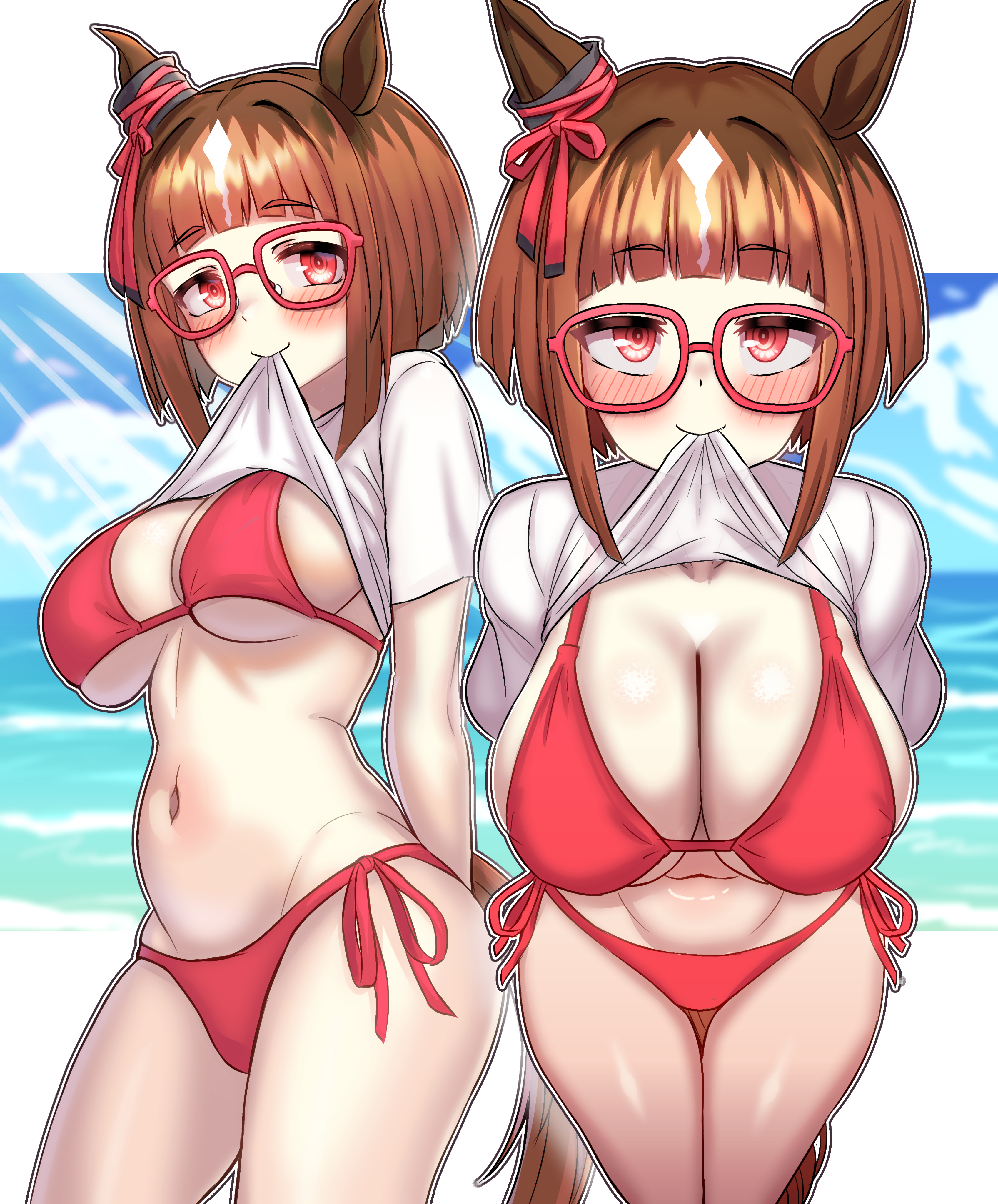 gupunetsu, transcend (umamusume), umamusume, absurdres, commentary request, highres, large variant set, variant set, 1girl, alternate costume, animal ears, arms behind back, bikini, blush, breasts, brown hair, cleavage, cowboy shot, hair between eyes, horse ears, horse girl, horse tail, large breasts, mouth hold, multicolored hair, multiple views, red-framed eyewear, shirt, side-tie bikini bottom, simple background, smile, streaked hair, swimsuit, t-shirt, tail, white background, white hair