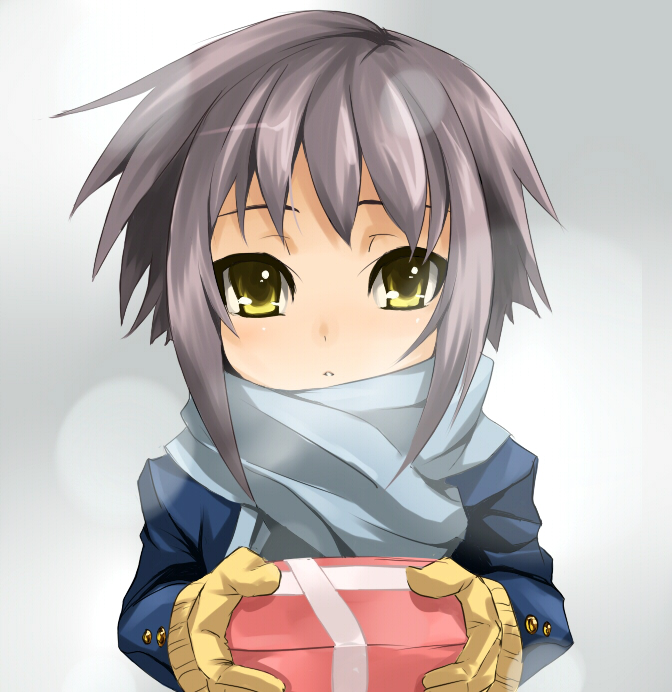 nana g, nagato yuki, suzumiya haruhi no yuuutsu, 00s, 1girl, female focus, gift, gloves, holding, holding gift, pink hair, scarf, solo, yellow eyes