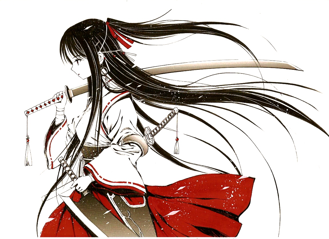 moonsorrow, pixiv fantasia, pixiv fantasia 1, traditional clothes, 1girl, bandaged arm, bandages, black eyes, black hair, cowboy shot, earrings, female focus, from side, hakama, hakama skirt, half updo, holding, holding sword, holding weapon, hoop earrings, japanese clothes, jewelry, layered sleeves, long hair, long sleeves, profile, sheath, sheathed, short over long sleeves, short sleeves, simple background, skirt, solo, sword, sword on back, very long hair, weapon, weapon on back, white background