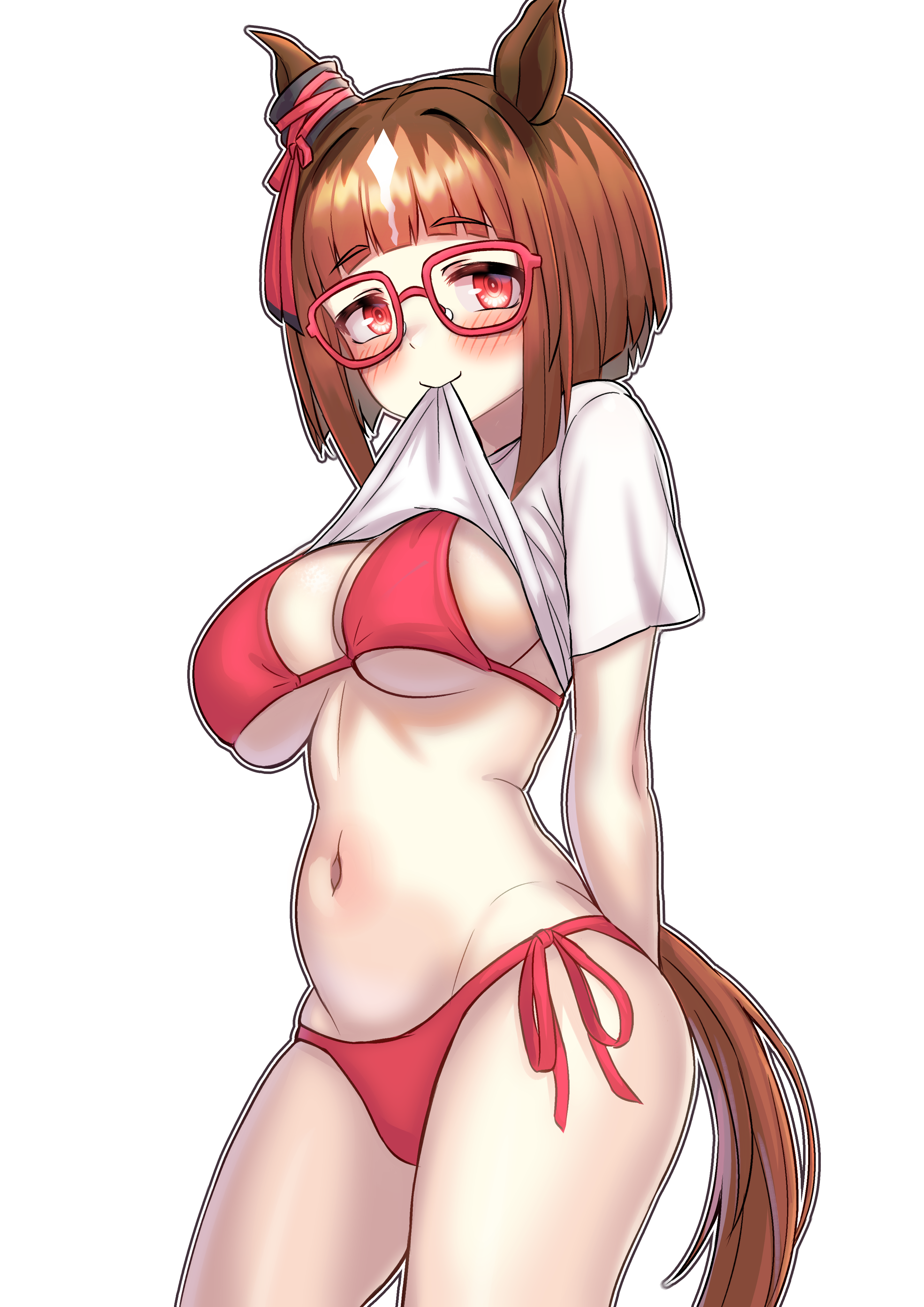 gupunetsu, transcend (umamusume), umamusume, absurdres, commentary request, highres, large variant set, variant set, 1girl, alternate costume, animal ears, arms behind back, bikini, blush, breasts, brown hair, cleavage, cowboy shot, hair between eyes, horse ears, horse girl, horse tail, large breasts, mouth hold, multicolored hair, red-framed eyewear, red bikini, shirt, side-tie bikini bottom, simple background, smile, solo, streaked hair, swimsuit, t-shirt, tail, white background, white hair