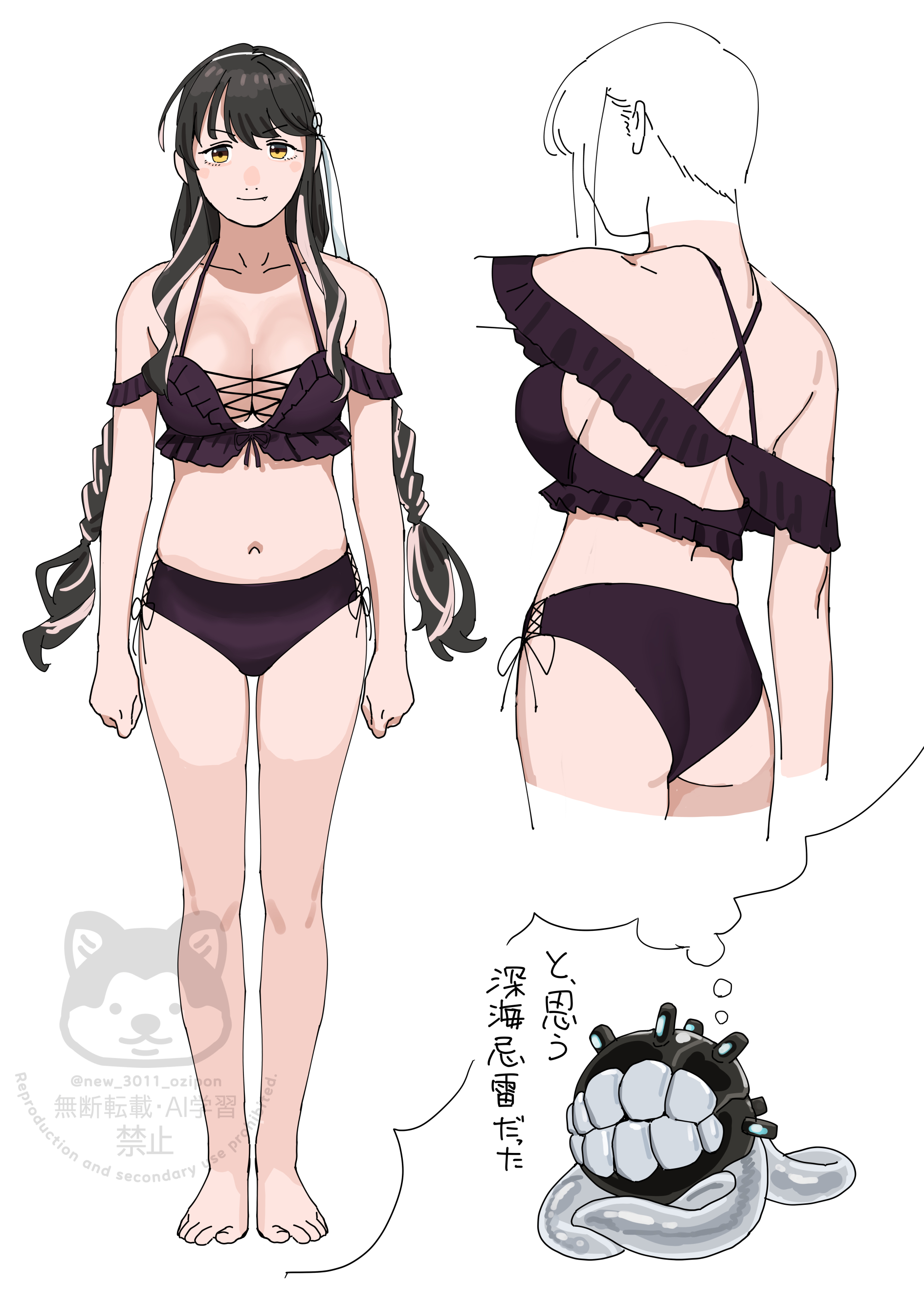 ojipon, enemy naval mine (kancolle), naganami (kancolle), naganami kai ni (kancolle), kantai collection, absurdres, highres, translation request, 1girl, ass, barefoot, bikini, black bikini, black hair, braid, breasts, closed mouth, fang, large breasts, long hair, multicolored hair, multiple views, naganami kai ni (swimsuit) (kancolle), pink hair, simple background, speech bubble, standing, swimsuit, tentacles, thought bubble, twin braids, twitter username, white background