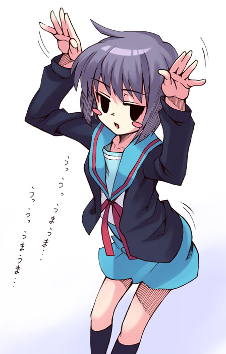 oryo (oryo04), nagato yuki, suzumiya haruhi no yuuutsu, 00s, 1girl, blush stickers, caramelldansen, dancing, female focus, gradient background, purple hair, school uniform, serafuku, short hair, solo