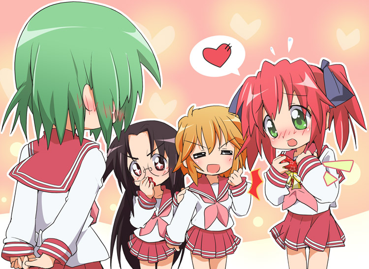 ixy, iwasaki minami, kobayakawa yutaka, patricia martin, tamura hiyori, lucky star, 00s, 4girls, blood, blush, glasses, multiple girls, nosebleed, school uniform, serafuku, valentine, yuri
