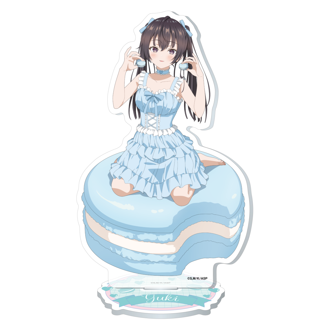 suou yuki, tokidoki bosotto roshia-go de dereru tonari no alya-san, official art, 1girl, bare arms, bare shoulders, barefoot, black hair, blue choker, blue dress, blush, breasts, character name, choker, collarbone, copyright notice, dress, food, frilled dress, frills, hands up, heart, heart choker, holding, holding food, long hair, looking at viewer, macaron, medium breasts, outline, parted lips, purple eyes, seiza, simple background, sitting, sleeveless, sleeveless dress, smile, solo, transparent background, twintails, white outline