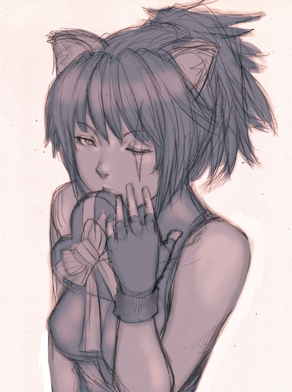 fumio (rsqkr), 1girl, animal ears, female focus, fingerless gloves, gloves, ponytail, scar, scar across eye, scar on face, short ponytail, simple background, solo, valentine