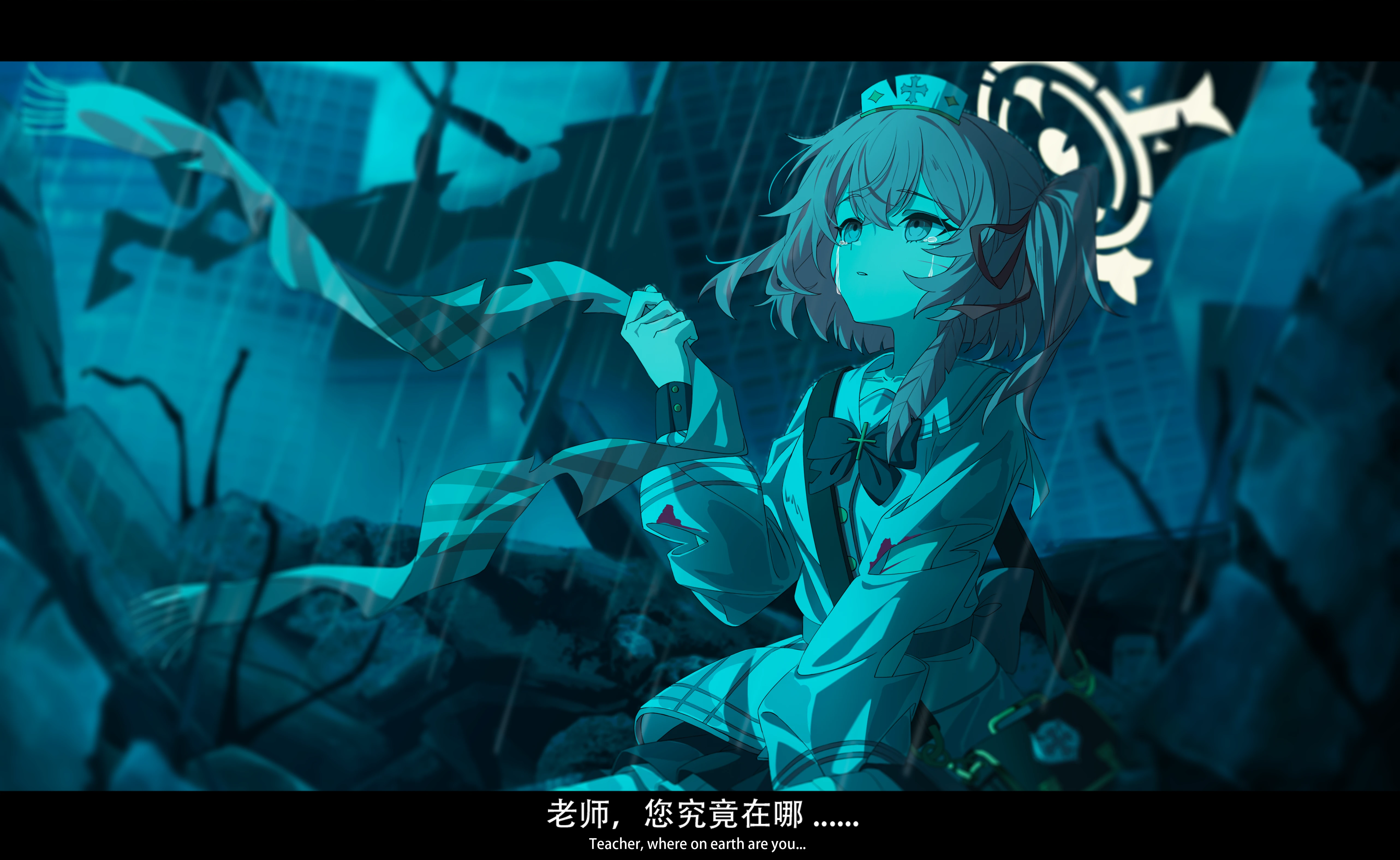 dusk ming, serina (blue archive), blue archive, absurdres, highres, 1girl, bag, blurry, crying, crying with eyes open, depth of field, hair between eyes, hair ribbon, halo, handbag, hat, holding, holding unworn clothes, holding unworn scarf, jacket, letterboxed, night, nurse cap, one side up, pink eyes, pink hair, rain, ribbon, ruins, scarf, school uniform, serafuku, sitting, skirt, solo, tears, torn clothes, unworn scarf