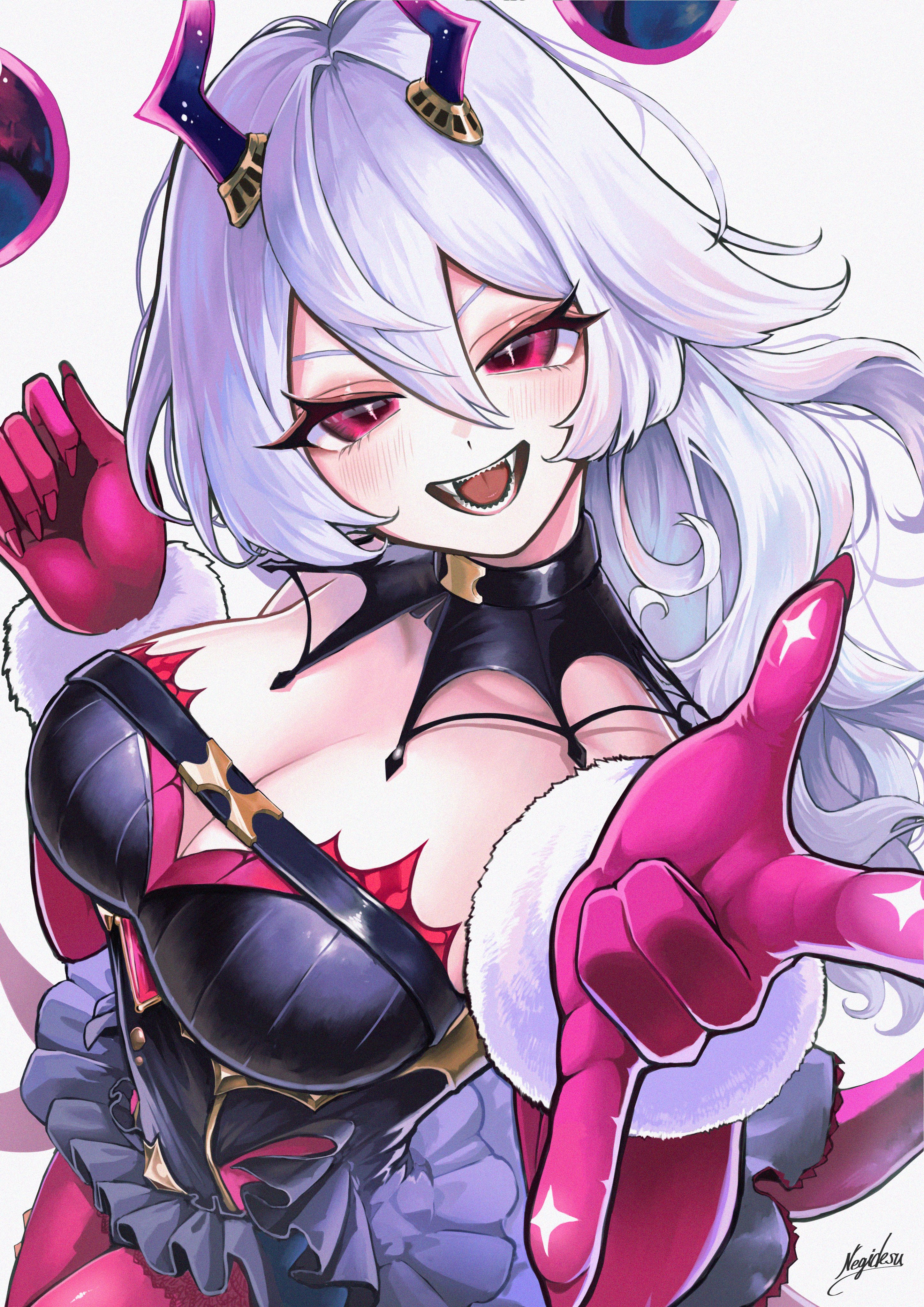 shadowverse, shadowverse: worlds beyond, absurdres, highres, black dress, breasts, chest strap, cleavage, demon horns, detached collar, dress, fangs, fur-trimmed gloves, fur trim, gloves, horns, long hair, negidesu1105, pantyhose, red eyes, red gloves, red pantyhose, sham-nacha (shadowverse: worlds beyond), skirt, strap, tongue, white hair