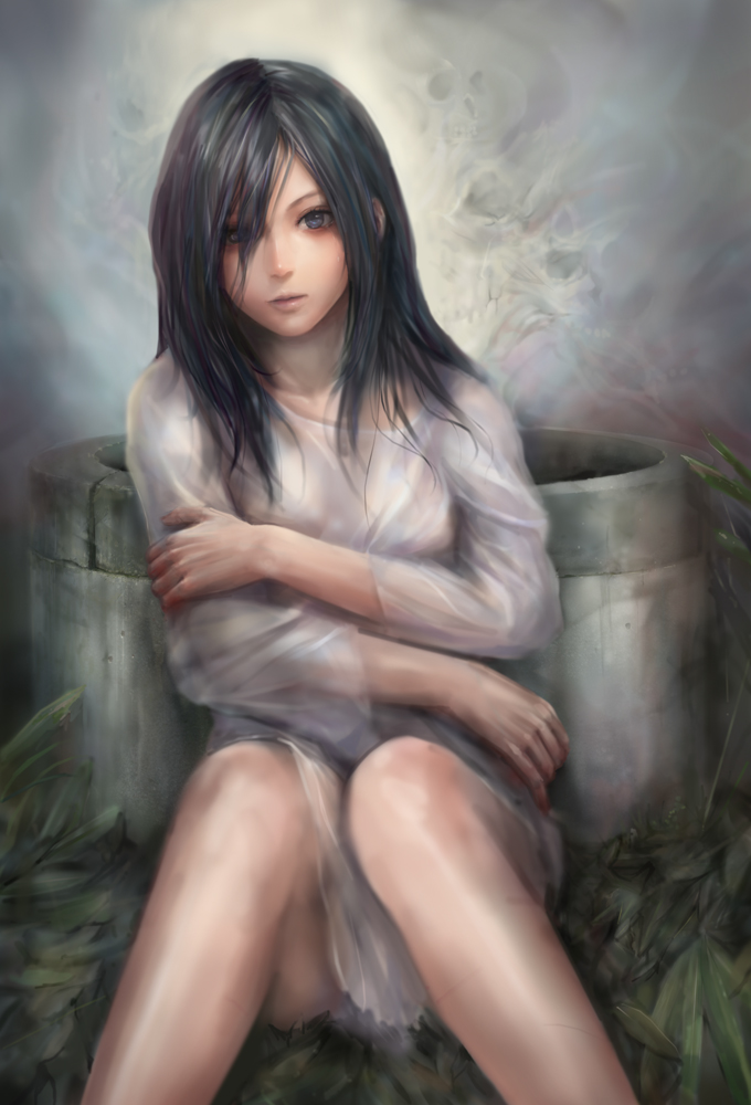 miche, samara morgan, yamamura sadako, the ring, bad id, bad pixiv id, 1girl, black hair, blue eyes, female focus, grass, long hair, outdoors, panties, pantyshot, realistic, sitting, solo, tears, underwear, well