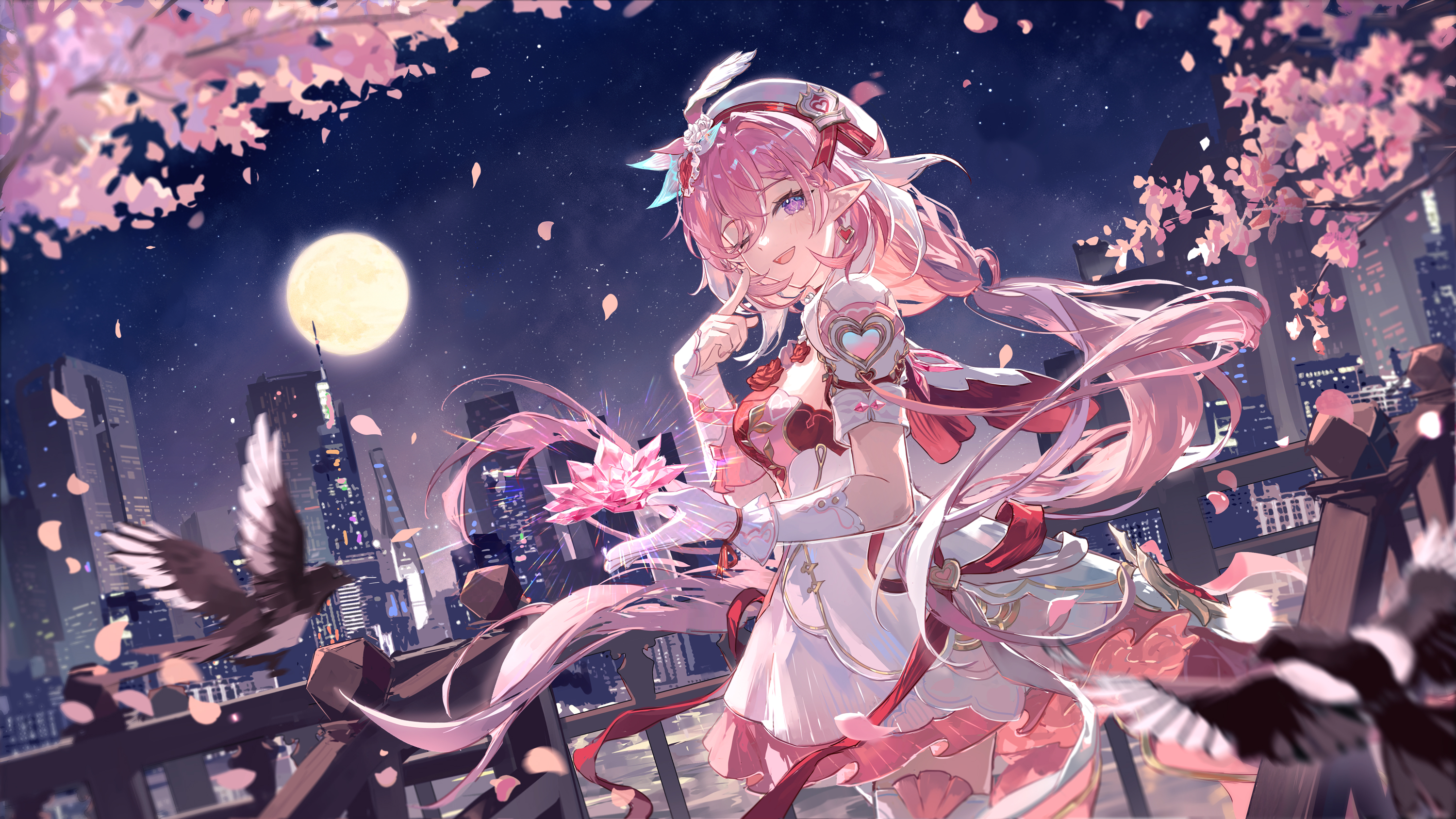 qqqne, elysia (honkai impact), honkai (series), honkai impact 3rd, highres, second-party source, 1girl, dress, elf, elysia (hi elf of love) (honkai impact), falling petals, floating hair, full moon, gloves, index finger raised, long hair, looking at viewer, moon, night, night sky, official alternate costume, one eye closed, open mouth, outdoors, petals, pink hair, pointing, pointing at self, pointy ears, short sleeves, single glove, sky, smile, solo, thighhighs, very long hair, white dress, white gloves, white thighhighs