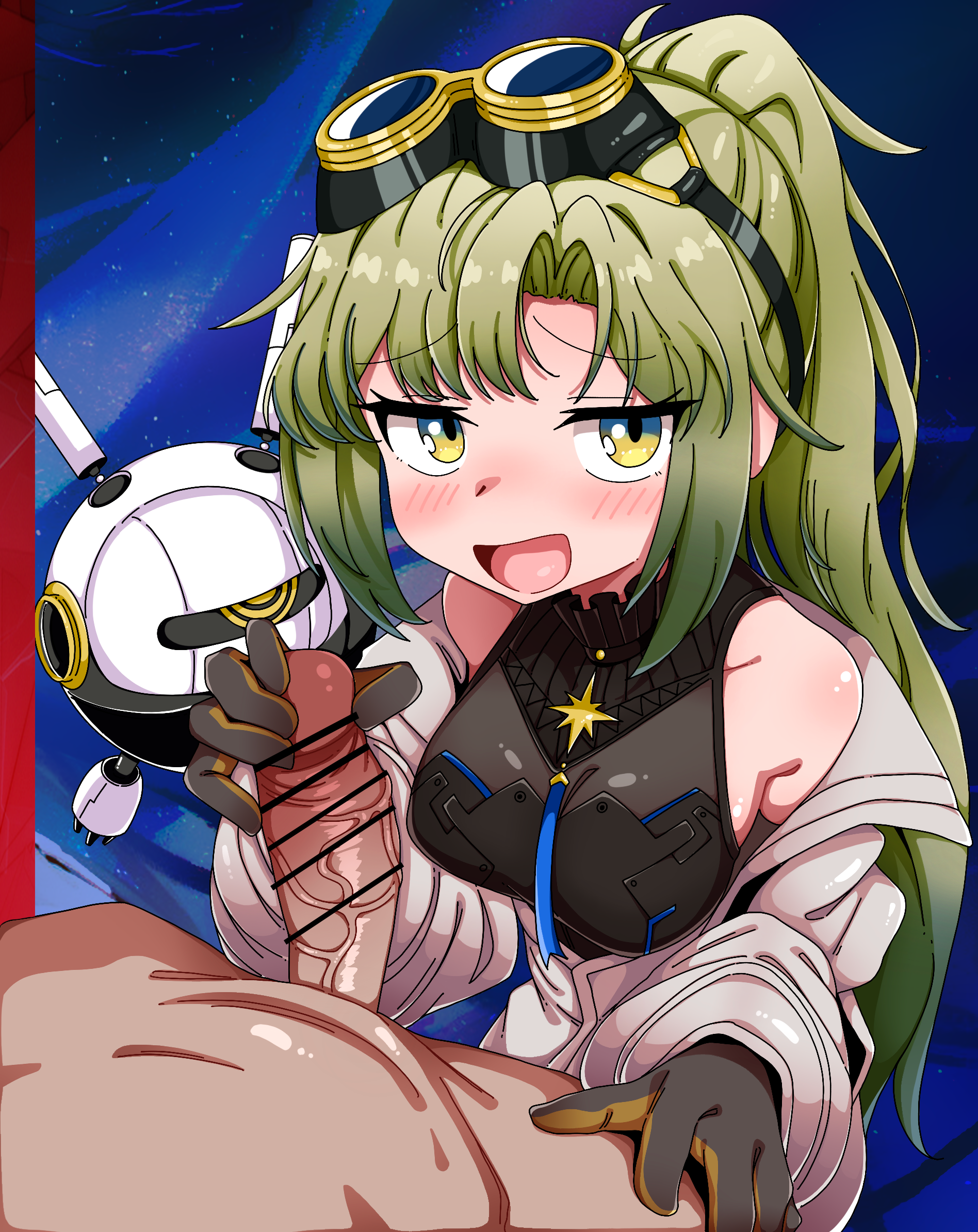 maigo no haien, arcaea, highres, 1girl, bar censor, bare shoulders, bdsm, black gloves, black shirt, black skirt, blush, breasts, censored, curtained hair, femdom, glansjob, gloved handjob, gloves, goggles, green hair, handjob, high ponytail, jacket, leather, leather skirt, medium breasts, medium hair, mesugaki, nonoka (arcaea), penis milking, ponytail, pov, sadism, seductive smile, see-through clothes, shirt, skirt, smile, solo, two-tone gloves, white jacket, white sleeves, yellow eyes, yellow gloves