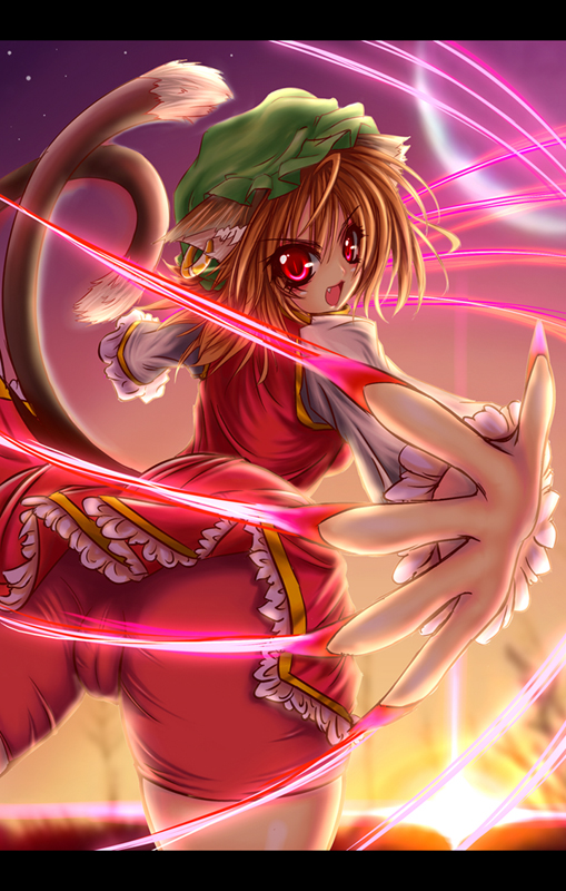 suzuneko (yume no kyoukai), chen, touhou, 1girl, animal ears, ass, breasts, brown hair, cameltoe, cat ears, cat girl, cat tail, claws, earrings, fang, female focus, from behind, hat, jewelry, looking back, open mouth, purple eyes, slit pupils, small breasts, solo, tail