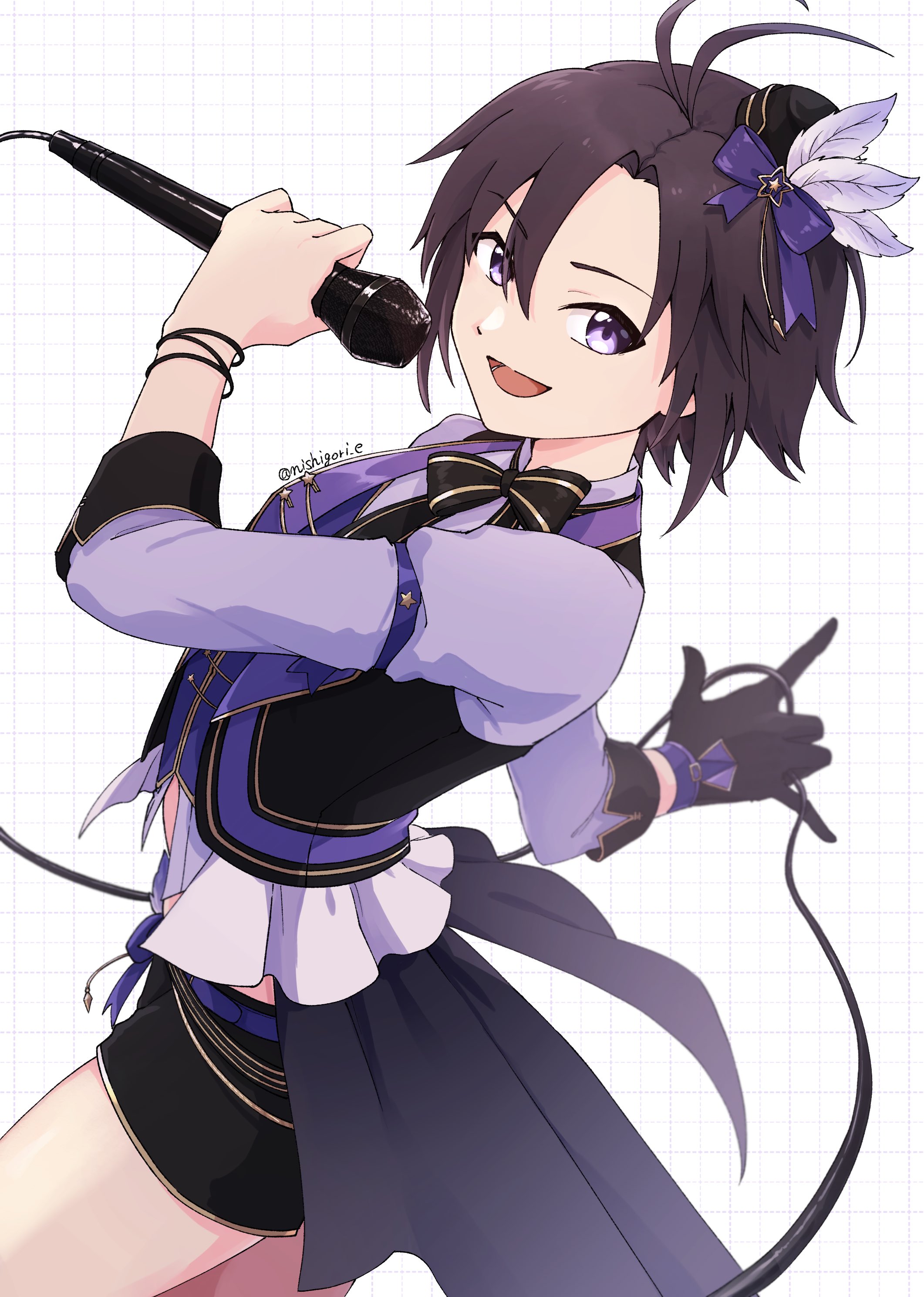 nishigori, kikuchi makoto, idolmaster, idolmaster million live!, idolmaster million live! theater days, absurdres, highres, antenna hair, black gloves, black hair, black shorts, black skirt, black vest, bracelet, gloves, hair ornament, holding, holding microphone, idol, jewelry, looking at viewer, microphone, music, parted bangs, purple eyes, purple ribbon, purple trim, ribbon, shorts, singing, single glove, skirt, vest, wrist cuffs